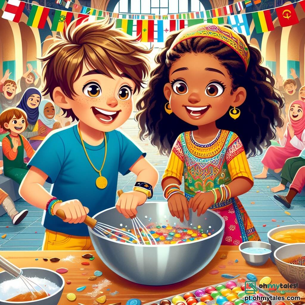 Um garoto de 10 anos, Lucas, com cabelos castanhos bagunçados e olhos brilhantes de curiosidade, sorri alegremente enquanto mistura ingredientes coloridos em uma grande tigela. Ele usa uma camiseta azul e um short amarelo, e seu rosto expressa a excitação e a alegria de descobrir novas culturas. Ao seu lado, Samira, uma menina de 9 anos com cabelos negros e cacheados, e pele caramelo, está mostrando a ele como moldar doces marroquinos. Ela usa um vestido colorido adornado com padrões tradicionais e seu sorriso radiante demonstra seu entusiasmo. Ao fundo, o centro cultural é decorado com bandeiras de todo o mundo, com mesas cheias de pratos típicos de diferentes culturas. Crianças de diversas origens, algumas com roupas tradicionais, dançam e riem, criando uma atmosfera festiva e acolhedora. A cena principal mostra Lucas e Samira preparando doces juntos, cercados de amigos que descobrem a beleza da diversidade através da culinária e da dança, ilustrando assim a unidade e a alegria de compartilhar tradições.