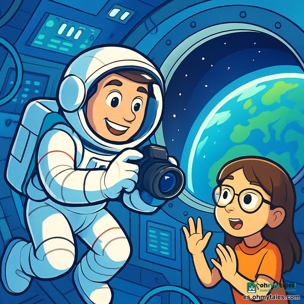 Un astronauta hombre, sonriente y decidido, flota en una estación espacial, vestido con un traje espacial blanco con detalles azules y rojos. Sus ojos brillan de emoción mientras ajusta una cámara para capturar la belleza de la Tierra abajo. Cerca, una niña de 10 años, Lía, con cabello castaño y gafas, observa con asombro a través de una ventanilla, con las manos apoyadas en el cristal, llena de curiosidad. El lugar es una cabina de la estación espacial, llena de paneles luminosos, pantallas que muestran datos y cables flotantes, todo iluminado por una suave luz azulada. La escena principal muestra al astronauta tomando fotos de la Tierra, mientras Lía, fascinada, le hace preguntas sobre el espacio, creando una atmósfera de aventura y aprendizaje.