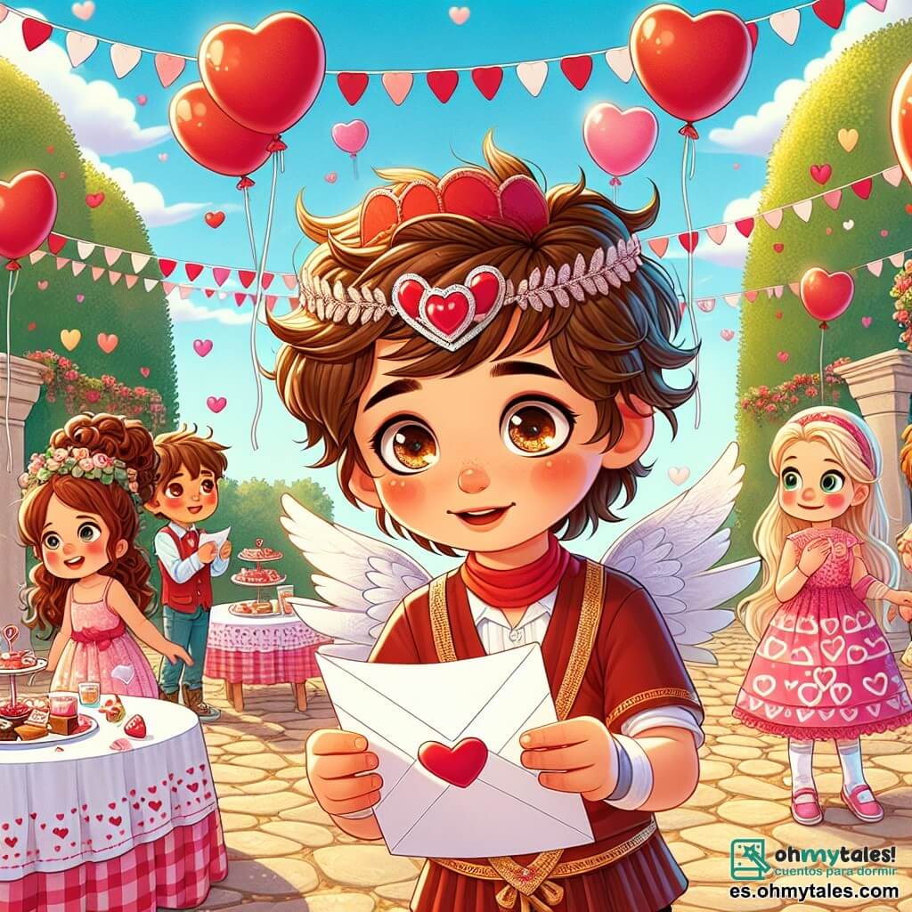 Un niño de 10 años, Manuel, con el cabello castaño desordenado y ojos llenos de curiosidad, lleva un disfraz de cupido hecho en casa con alas de cartón y una diadema en forma de corazón. Sonríe ampliamente, sosteniendo una carta brillante en sus manos, listo para entregarla. A su lado, Sofía, una niña de 9 años con cabello largo y ondulado, vestida con un vestido rosa con motivos de corazones, mira la carta con ojos asombrados, sonriendo tímidamente. Lucas, un niño de 10 años con cabello rubio y gafas, se encuentra un poco más lejos, con las mejillas sonrojadas de timidez, observando a Sofía con emoción e incertidumbre. La escena tiene lugar en un parque soleado, decorado con globos rojos y rosas, mesas llenas de dulces y niños jugando, creando una atmósfera alegre y festiva. Manuel, como cupido, está a punto de entregar la carta de amor a Sofía, que está ansiosa por descubrir el mensaje para Lucas, mientras este último, nervioso, espera la reacción de Sofía, creando un momento mágico y lleno de anticipación.