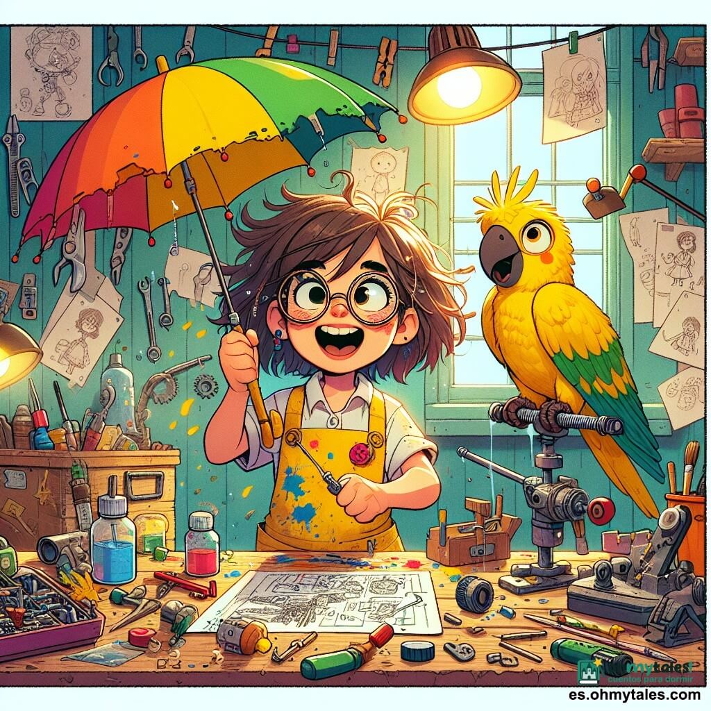 Valentina, una mujer inventora entusiasta de unos treinta años, lleva gafas redondas y un delantal manchado de pintura. Tiene el cabello castaño desordenado y una gran sonrisa en su rostro, mostrando su alegría y determinación. Está inclinada sobre una mesa de trabajo, rodeada de diversas herramientas y piezas de metal, probando su último invento: un paraguas que canta. A su lado, Pipo, un loro colorido con plumas verdes y amarillas, está posado en el hombro de Valentina, mirando con curiosidad el paraguas. Parece emocionado y repite frases alegres. El lugar es un taller luminoso, lleno de artilugios extraños, bocetos colgados en las paredes y estantes abarrotados de materiales diversos. Ventanas dejan entrar la luz del sol, iluminando la habitación con una atmósfera cálida y creativa. La situación principal muestra a Valentina abriendo el paraguas, que comienza a emitir una melodía alegre, mientras notas musicales flotan en el aire. La expresión de sorpresa y diversión en su rostro contrasta con la mirada perpleja de Pipo, creando una escena llena de vida y energía.