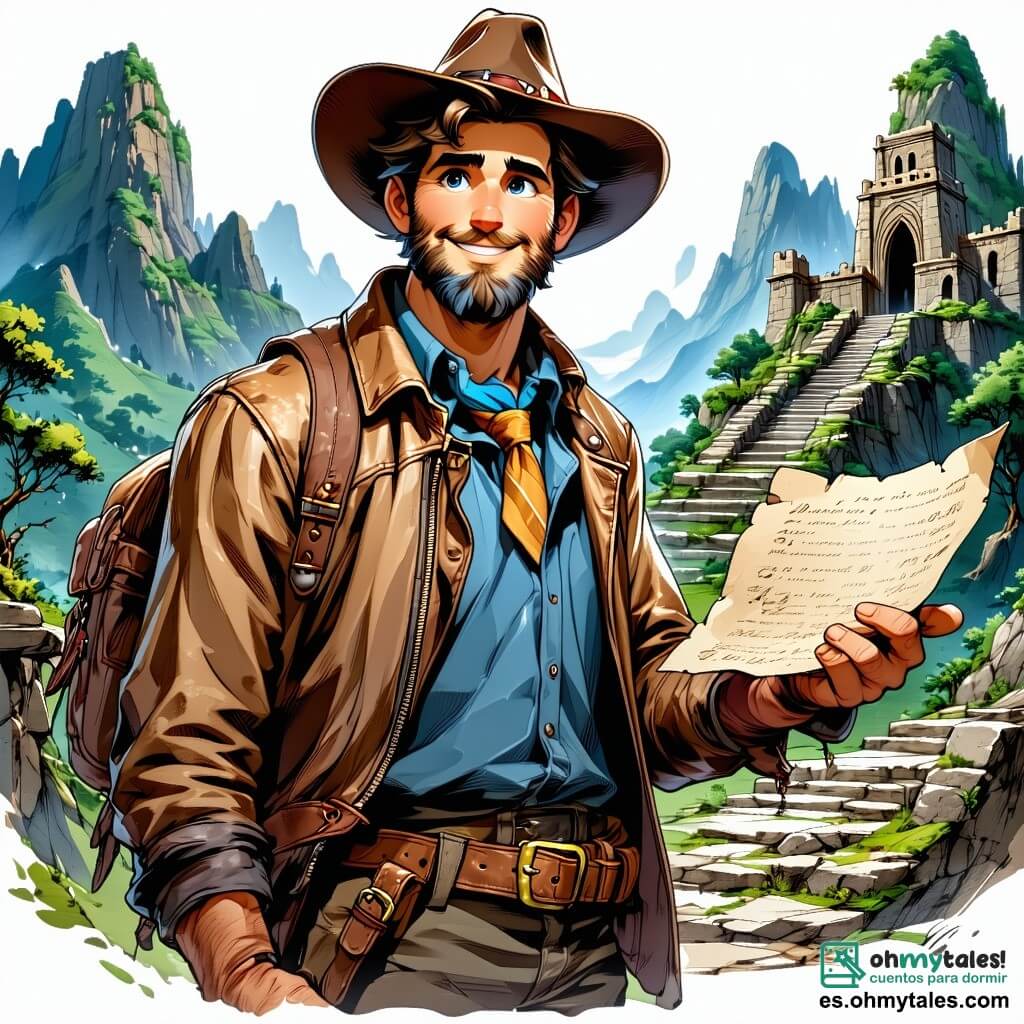 Un hombre de unos treinta años, Elías, se encuentra en el centro de la imagen, con ojos brillantes y una barba ligeramente despeinada. Lleva una vieja chaqueta de cuero y un sombrero marrón, y su rostro expresa una mezcla de emoción y asombro al descubrir una antigua ciudad perdida. Sostiene un viejo pergamino en una mano, señalando una majestuosa estructura a lo lejos. A su lado, un joven de doce años, Mateo, con cabello castaño y ojos brillantes, observa con admiración el descubrimiento. Lleva una camiseta colorida y un short, y sostiene una pequeña linterna, listo para explorar. La escena tiene lugar en una vasta cueva, iluminada por cristales brillantes que proyectan una suave luz azul sobre las paredes de piedra. En el centro, emergen ruinas de una ciudad antigua, con edificios cubiertos de hiedra y estatuas misteriosas, creando una atmósfera mágica e intrigante. La situación principal muestra a Elías y Mateo, maravillados, descubriendo juntos la belleza de esta ciudad olvidada, listos para desvelar los secretos de su pasado mientras sienten la emoción de una nueva aventura.