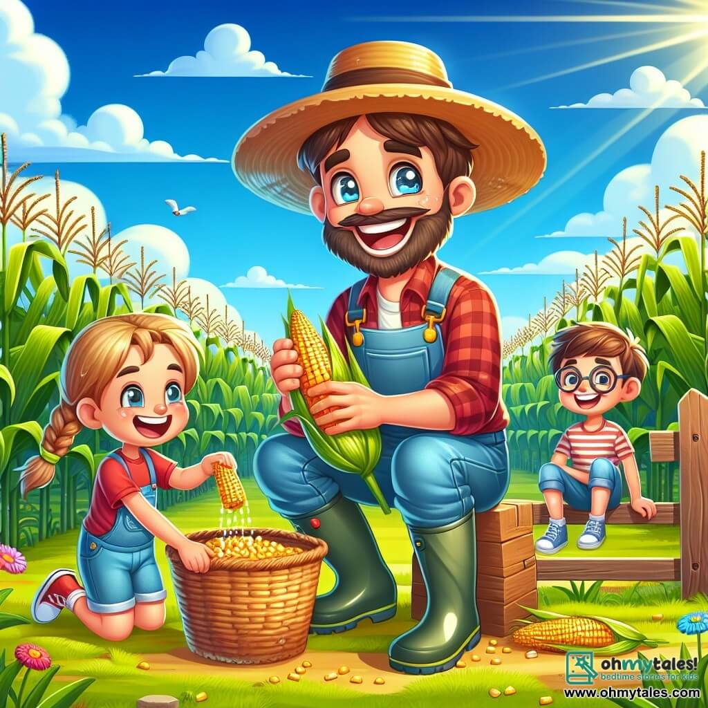 A man, Farmer Ben, smiling and cheerful, wears a large straw hat and rubber boots. He has a brown beard and sparkling eyes full of happiness. He is picking golden ears of corn in a green field. Next to him, an 8-year-old girl with braided blonde hair wears a red t-shirt and denim shorts. She laughs while holding an ear of corn in her hands. A 7-year-old boy, with glasses and messy brown hair, sits on a wooden fence, watching Farmer Ben with a big smile. The setting is a vast cornfield under a bright blue sky with fluffy white clouds. Tall, lush rows of corn and some colorful wildflowers add life to the landscape. The main scene shows Farmer Ben and the children joyfully harvesting corn, happily filling a wicker basket while the sun shines on their happy faces.