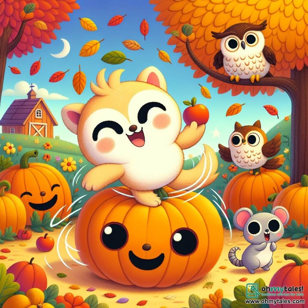 An illustration depicts a small round and fuzzy character with a joyful smile and sparkling eyes, spinning around in a pumpkin patch. Next to him, a wise owl with brown feathers and large round eyes watches with amusement from a tree branch. A small gray mouse with big ears and a curious expression stands near the pumpkins, nibbling on a small apple with delight. The main setting is a colorful farm surrounded by trees with vibrant red, yellow, and orange leaves under a clear blue sky. The scene shows the main character having fun with friends, celebrating autumn by playing and discovering the wonders of the season. Additional graphic elements include falling leaves, shiny red apples, and pumpkins of various sizes, creating a warm and cheerful atmosphere.