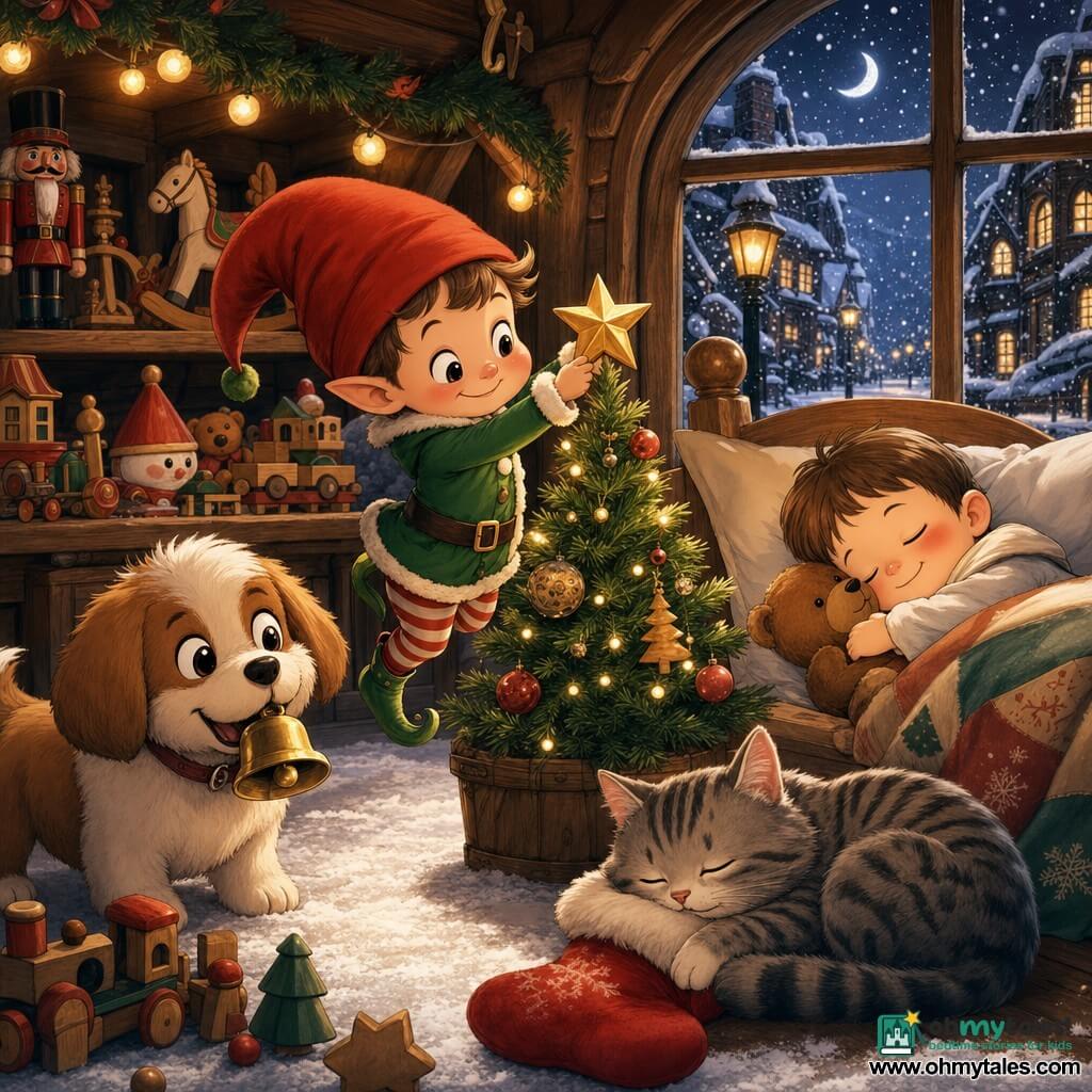 A mischievous Christmas elf with a round face, bright eyes, and a sly smile, wearing a pointed red hat and green jacket, stands on tiptoe placing a small golden star atop a mini tree; to the elf's left a floppy-eared plush dog holds a shiny bell in its mouth, a gray tabby cat sleeps curled on a red stocking by the tree with a paw on it, and a bundled child sleeps peacefully to the right clutching a brown teddy bear while snow falls outside a frosted window; the wooden Christmas shop background has painted toy shelves, warm yellow garlands, a snowy street and soft lamplight, creating a tender nighttime scene with warm colors, soft contrasts and moonlight silvering the snow.