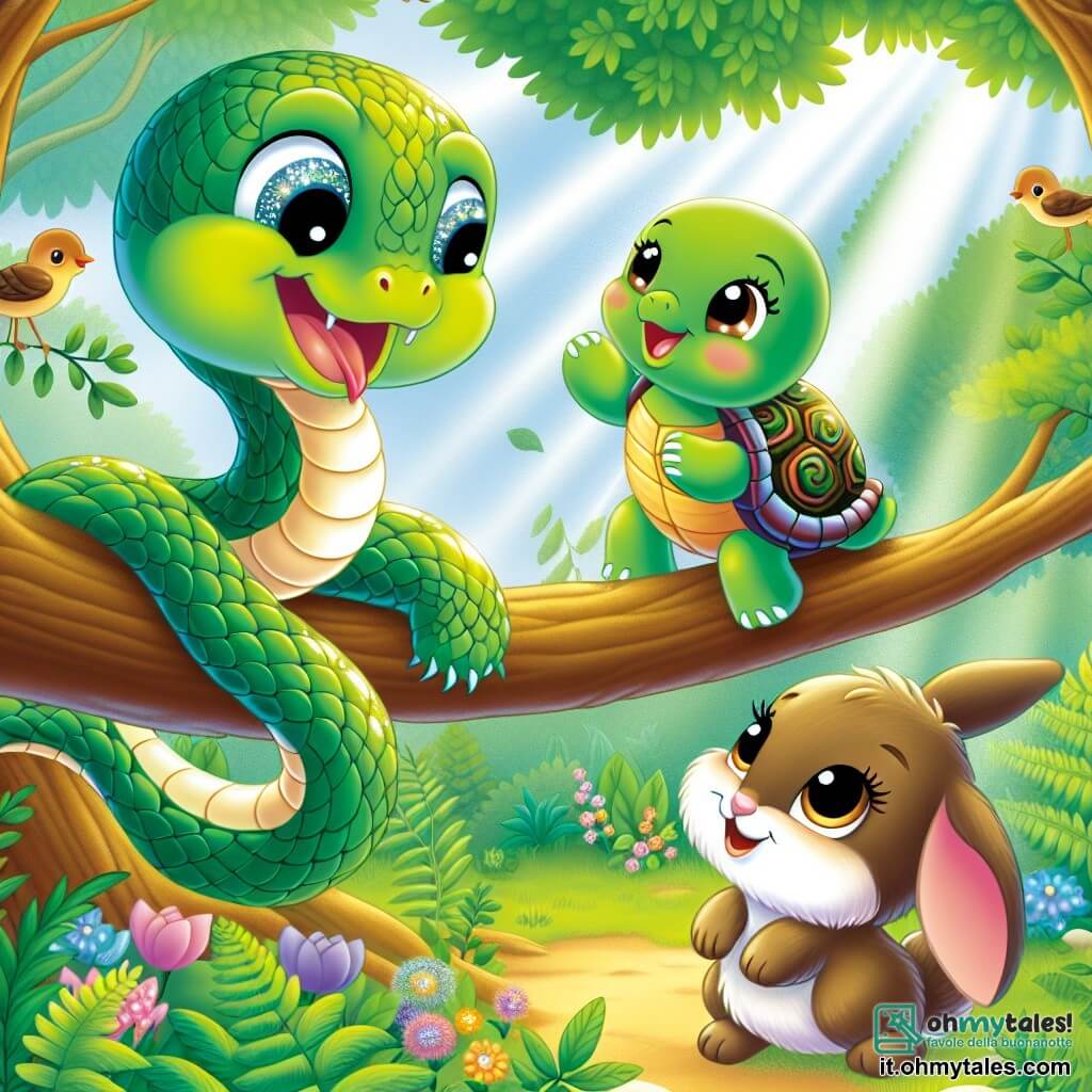 Un piccolo serpente di nome Serpentino, con squame verdi brillanti e occhi curiosi, si trova su un ramo, con un sorriso gioioso. Sta aiutando una piccola tartaruga di nome Titti, con un guscio colorato e occhi dolci, sostenendola con la sua coda per farla scendere da un alto albero. Accanto a loro, una lepre di nome Gigi, con un pelo marrone morbido e grandi orecchie attente, li guarda con ammirazione, pronta a incoraggiarli. La scena si svolge in una foresta incantata, con i raggi del sole che filtrano tra le foglie verdi, illuminando un terreno coperto di fiori colorati e felci lussureggianti. Gli uccelli cantano gioiosamente tra i rami, aggiungendo un tocco di magia all'atmosfera. La situazione principale mostra Serpentino in azione, aiutando Titti a scendere dall'albero, illustrando così la forza dell'amicizia e il coraggio del piccolo serpente in un momento di solidarietà e felicità.