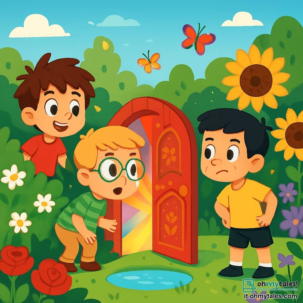 Ci sono 3 personaggi: Leo, un bambino di 5 anni con capelli castani disordinati e occhi vivaci, indossa una maglietta rossa e pantaloni blu, sorride curiosamente guardando una piccola porta rossa nascosta dietro un cespuglio di margherite; Marco, un bambino di 5 anni con capelli biondi e occhiali tondi, indossa una camicia a righe verdi e pantaloni beige, si piega in avanti con un'espressione di meraviglia osservando la luce colorata che fuoriesce dalla porta; Tommaso, un bambino di 5 anni con capelli neri e lentiggini sul naso, indossa una maglietta gialla e pantaloni neri, si tiene un po' indietro con le mani sui fianchi, mostrando un'espressione di determinazione, pronto a entrare nel giardino magico. La scena si svolge in un giardino incantevole, pieno di fiori dai colori vivaci: rose rosse, girasoli gialli e violette. Al centro, un laghetto scintillante riflette il cielo blu, circondato da farfalle colorate. La piccola porta rossa, decorata con motivi floreali, brilla al sole, invitando i bambini a scoprire cosa si nasconde dietro. I tre amici sono davanti alla porta magica, affascinati ed emozionati, pronti a entrare in un mondo di colori e avventure, condividendo le loro emozioni e scoprendo la magia dell'amicizia.