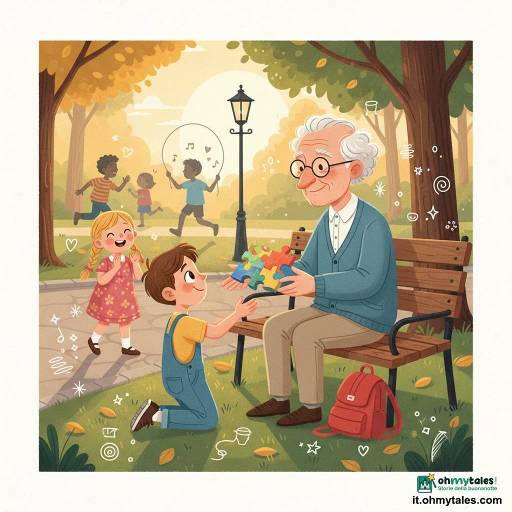 Un uomo anziano dai capelli bianchi e ricci, occhiali tondi argentati e sorriso rugoso, in cardigan blu e pantaloni beige su una vecchia panchina offre un grande pezzo di puzzle colorato; un ragazzo di circa 8 anni, capelli castani corti, maglietta gialla e salopette di jeans, inginocchiato vicino alla panchina lo guarda a occhi spalancati e tende la mano per prenderlo; una bambina di circa 6 anni con treccia bionda e vestito rosa a fiori sta dietro applaudendo vicino a uno zaino rosso; sullo sfondo altri bambini saltano la corda con sagome sfocate e risate suggerite; il parco in tarda giornata presenta vialetto lastricato, prato verde con foglie gialle, lampione in ferro battuto e tronchi d'albero, luce dorata e ombre lunghe; scena centrale di consegna affettuosa tra insegnante e alunno, gesto di trasmissione e complicità, atmosfera calda e calma, focalizzazione su mani e sguardi, con overlay di doodle (piccole stelle, cuori e frecce bianchi), texture carta e colori pastello.