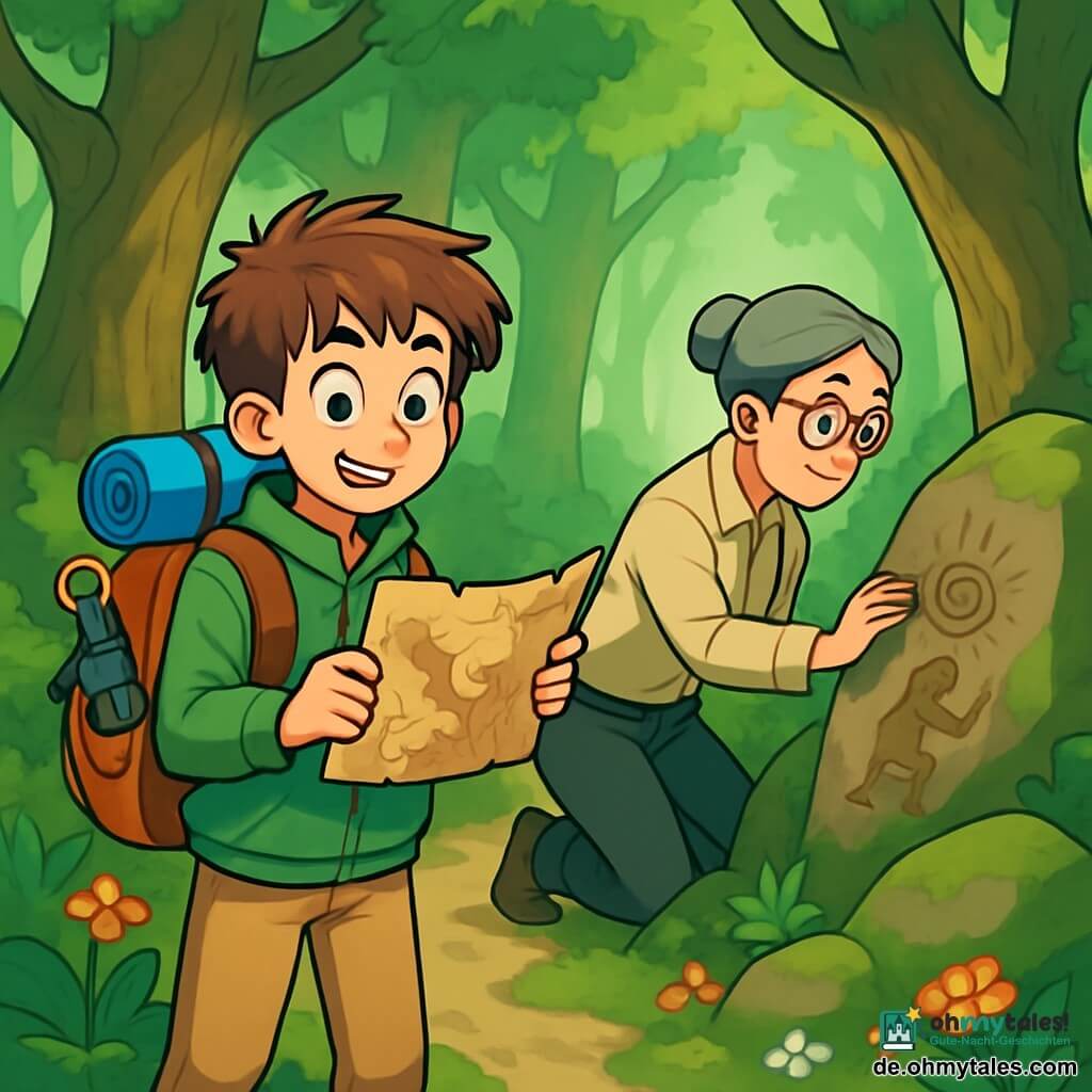 Ein etwa 12-jähriger Junge namens Jakob mit zerzausten braunen Haaren und neugierigen Augen steht auf einem schmalen Weg in einem dichten Wald. Er trägt eine grüne Jacke, einen Rucksack voller Erkundungswerkzeuge und beige Hosen. Sein Gesicht drückt Aufregung und Staunen aus, während er aufmerksam eine alte Karte in seinen Händen betrachtet. In der Nähe beugt sich die mittelalte Frau, Professorin Stein, mit runden Brillen und zu einem Dutt gebundenem grauem Haar über eine alte Gravur auf einem Felsen. Sie trägt eine beige Bluse und schwarze Hosen, und ihr Blick ist konzentriert, was ihr Interesse an Jakobs Entdeckungen zeigt. Der Ort ist ein geheimnisvoller, dichter Nebelwald, in dem große Bäume mit knorrigen Stämmen in den Himmel ragen und deren Blätter ein grünes Dach bilden. Lichtstrahlen filtern durch das Blätterdach und beleuchten den moosbedeckten Boden mit bunten Blumen. Die Hauptsituation zeigt Jakob und Professorin Stein bei der Erkundung, auf der Suche nach einem geheimen Pfad durch den Wald, umgeben von Geheimnissen und Abenteuern, bereit, die verborgenen Geheimnisse des Nebelwaldes zu entdecken.