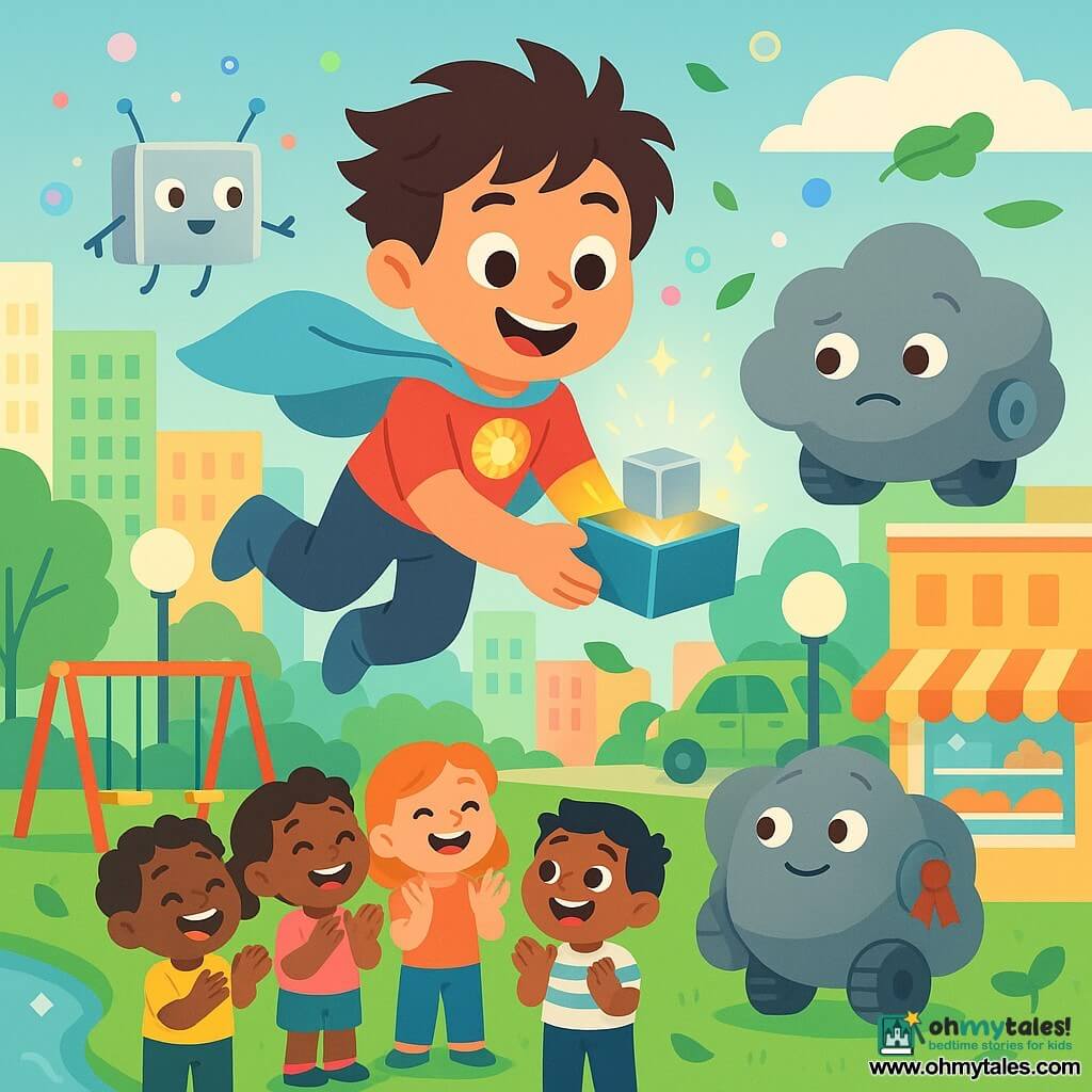 Kai is a young man with a smiling face, bright eyes and windblown hair, a sky‑blue cape billowing and a sparkling round badge on his chest; he is flying and gently catching a small shiny box. Pip the Parcel is a small silver square robot, blinking, slightly wobbly and buzzing as it floats to Kai’s left; non‑human. Grumble is a large gray cloud‑robot on round wheels with gentle eyes, a big bolt and a red ribbon on its side, standing in the background to the right and watching gratefully. A group of laughing, clapping children (boys and girls, about 5–7) are on a lawn near a swing. The open box in Kai’s hands holds a small square metal prototype emitting a soft yellow glow and tiny sparks. The setting is Sunbeam City: tall pastel buildings, green parking areas, a sparkling river lower left, a bakery with a display to the right and round blinking lampposts. The scene shows Kai mid‑rescue as the box rolls toward the river, wind blows leaves and colorful bubbles left by small drones, and Kai stops the fall by flying—bright, joyful lighting, vivid colors and simple shapes.