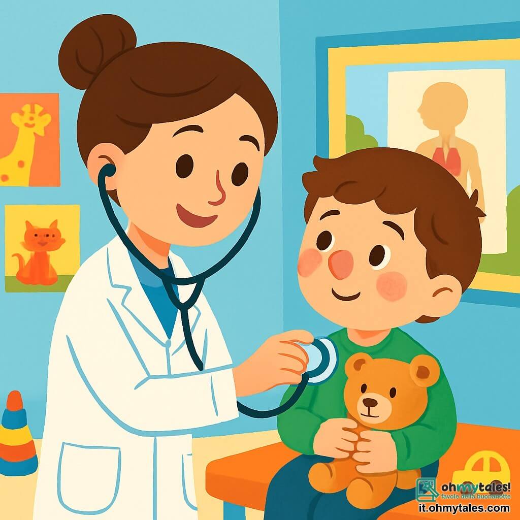 Una dottoressa, Anna, sorridente e benevola, con i capelli castani raccolti in uno chignon, indossa un camice bianco e un stetoscopio al collo. Sta ascoltando il cuore di un bambino, Luca, di 6 anni, con le guance rosse e il naso rosso a causa di un raffreddore. Luca, seduto su un lettino, guarda Anna con occhi curiosi e un leggero sorriso, tenendo un peluche tra le braccia. La scena si svolge in uno studio medico accogliente, con pareti blu chiaro, poster colorati di animali e giocattoli sparsi sul pavimento. C'è un grande poster dell'anatomia umana su una parete e una finestra che lascia entrare la luce del sole. La dottoressa Anna rassicura Luca mentre ascolta il suo cuore, creando un'atmosfera di fiducia e cura.