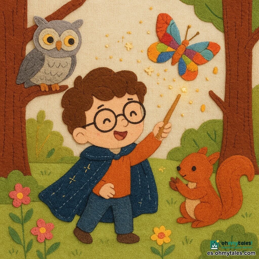 Un aprendiz de mago, Nico, 4 años, sonriente y maravillado, pelo castaño rizado y pequeñas gafas redondas, lleva una capa azul noche con hilos brillantes y sostiene una varita de madera clara; la agita hacia una mariposa y hace un gesto de alegría. A la izquierda, un búho gris y beige macho de grandes ojos dorados, posado en una rama alta, observa con aire benévolo. A la derecha, una ardilla llamada Lila, hembra de pelaje rojizo, pequeña y viva, sostiene una nuez partida junto a un arbusto y aplaude con sus patas. La claridad del bosque mágico tiene césped verde manzana bordado, flores de fieltro rosa y amarillo, troncos con corteza cosida marrón-rojiza y guirnaldas de luciérnagas brillantes. En el centro, una mariposa multicolor gira y danza alrededor de Nico con alas de tela patchwork abiertas; pequeñas notas de luz y chispas tejidas salen de la varita, creando una atmósfera alegre y encantada.