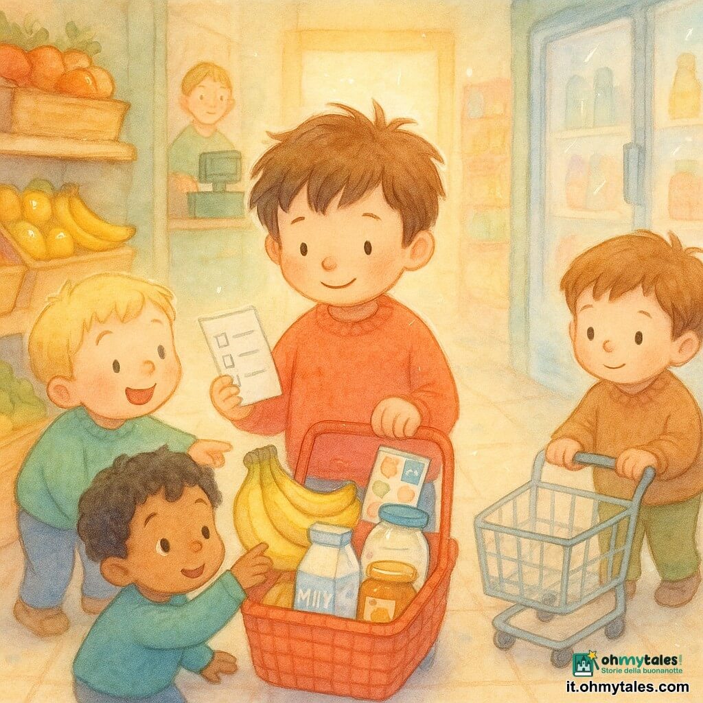 Ci sono quattro bambini di 3 anni: Matteo, capelli castani spettinati, sorriso concentrato, tiene una lista con caselle spuntate; Leo, capelli biondi corti, viso rotondo e gioioso, indica un mazzo di banane accovacciato; Sami, capelli neri ricci, occhi curiosi, tocca una banana nel cestino vicino a Matteo; Nico, capelli castano chiaro, calmo, spinge un piccolo carrello e guarda un grande adesivo colorato. Ambientazione: mini-market interno, luminoso e accogliente con corsie strette, scaffali in legno pastello, cassette di frutta brillante, frigorifero bianco a porte vetrate, cassiera sorridente dietro una cassa verde e porta d’ingresso con luce dorata. Situazione: i quattro mostrano la lista completa e un cestino pieno (banane, latte, pasta, miele, foglio di adesivi) sorridendo orgogliosi davanti alla cassiera; atmosfera dolce, colori tenui e riflessi brillanti sui frutti e sugli occhi per un effetto infantile.