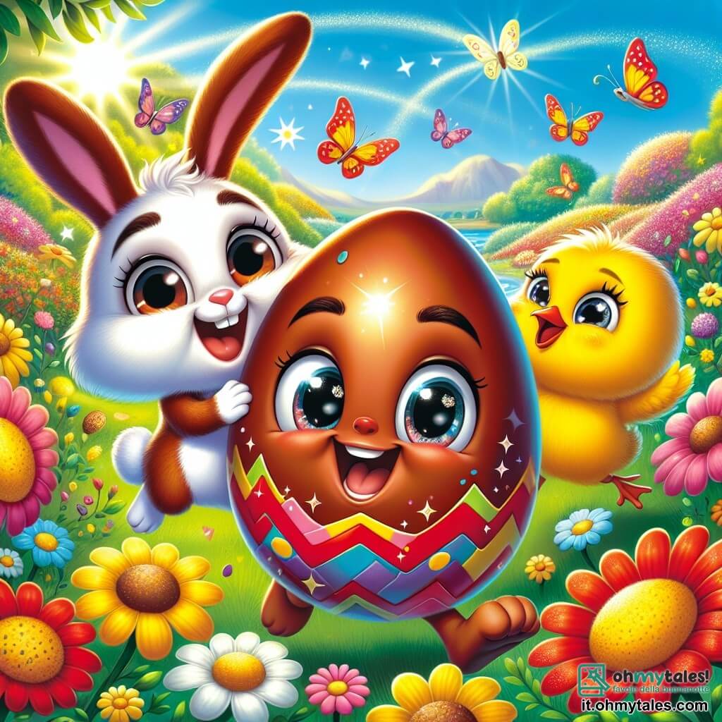 Ugo, un piccolo uovo di cioccolato sorridente con un guscio brillante e colorato, è al centro dell'immagine, saltellando di gioia in un giardino soleggiato. Ha occhi scintillanti e un grande sorriso, tenendo un piccolo cartello "È Pasqua!" tra le mani. Accanto a lui c'è Lillo, un adorabile coniglietto dalle grandi orecchie, con pelliccia bianca e macchie marroni, che salta gioiosamente tenendo un uovo giallo tra le zampe anteriori. Sembra eccitato e felice, pronto a condividere la sua scoperta. Poco più in là, Tina, un pulcino giallo con piume soffici, canta allegramente mentre cerca uova tra i fiori colorati. Ha uno sguardo curioso e vivace, con un sorriso radioso sul volto. Il giardino è pieno di fiori vivaci, farfalle svolazzanti e alberi verdi sotto un cielo azzurro chiaro, creando un'atmosfera festosa e gioiosa. La scena principale mostra Ugo e i suoi amici in piena caccia alle uova di Pasqua, ridendo e divertendosi insieme, circondati da uova colorate nascoste nell'erba e dietro i fiori.