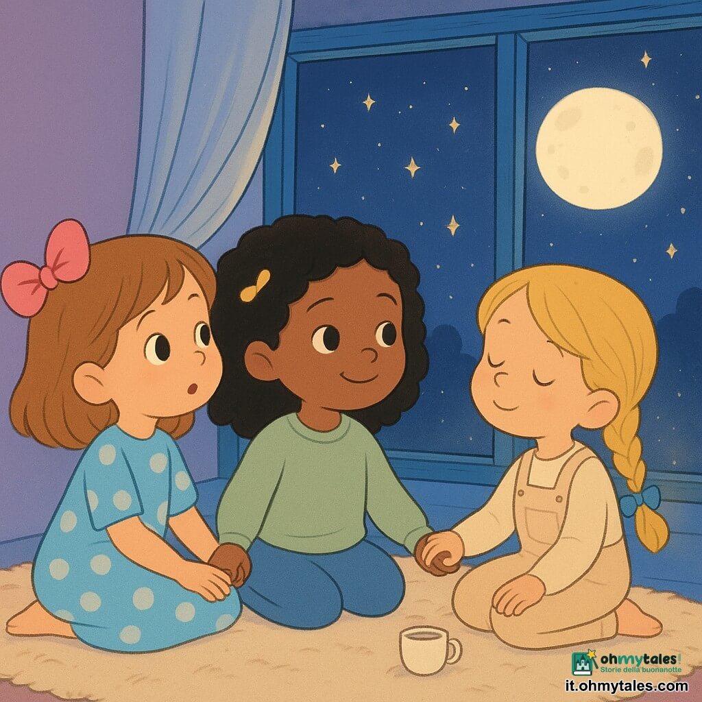 Ci sono tre bambine di 3 anni: Mia, castana chiara con un grande fiocco rosa e vestito a pois azzurro, seduta a sinistra che guarda la finestra tenendo la mano di Lila; Lila, capelli neri ricci con un piccolo fiocco giallo e maglioncino verde pallido, al centro che sorride e guarda la luna tenendo le mani di Mia e Neni; Neni, bionda con trecce e fiocco blu, con salopette crema seduta a destra, sognante con gli occhi socchiusi e sfiorando con le dita una piccola tazza sul davanzale. La stanza è una cameretta accogliente di notte con tappeto crema, finestra di legno blu e tende leggere, pareti lavanda; fuori un cielo blu notte punteggiato di stelle dorate e una grande luna bianca, e sul davanzale una tazza vuota con una minuscola luce calda. Le tre bambine, sedute in cerchio sul tappeto vicino alla finestra e tenendosi per mano, immaginano la stanza come una piccola barca: la luna è una grande palla di latte nel cielo, i loro volti sono dolci e pieni di meraviglia, l'atmosfera è calma, magica e tenera.