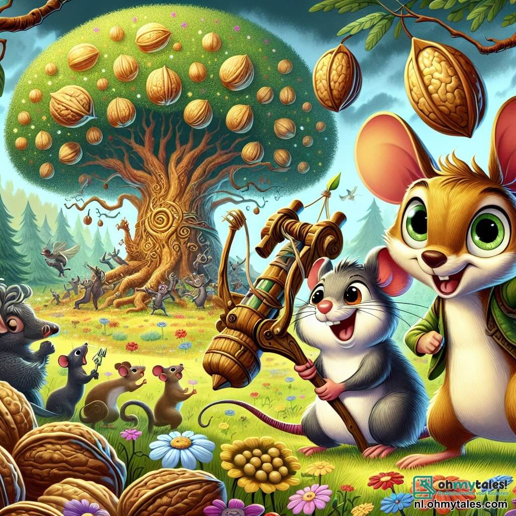 Max, een kleine muis met grote oren en een spaghetti-achtige staart, heeft een vastberaden uitdrukking terwijl hij een katapult van takken en bladeren vasthoudt, klaar om noten te lanceren. Naast hem staat Benny, een eekhoorn met sprankelende ogen en gouden vacht, die enthousiast glimlacht terwijl hij een noot boven zijn hoofd houdt alsof hij net een prijs heeft gewonnen. De achtergrond is een uitgestrekt, kleurrijk weiland vol dansende bloemen en een majestueuze boom, de notenmagier, met takken vol schitterende gigantische vruchten. De scène wordt opgefleurd door dansende bosdieren, terwijl een groep bange ratten in paniek wegvlucht. In het midden van de afbeelding zijn Max en Benny klaar om hun schat te verdedigen, wat een sfeer van vriendschap en avontuur creëert.