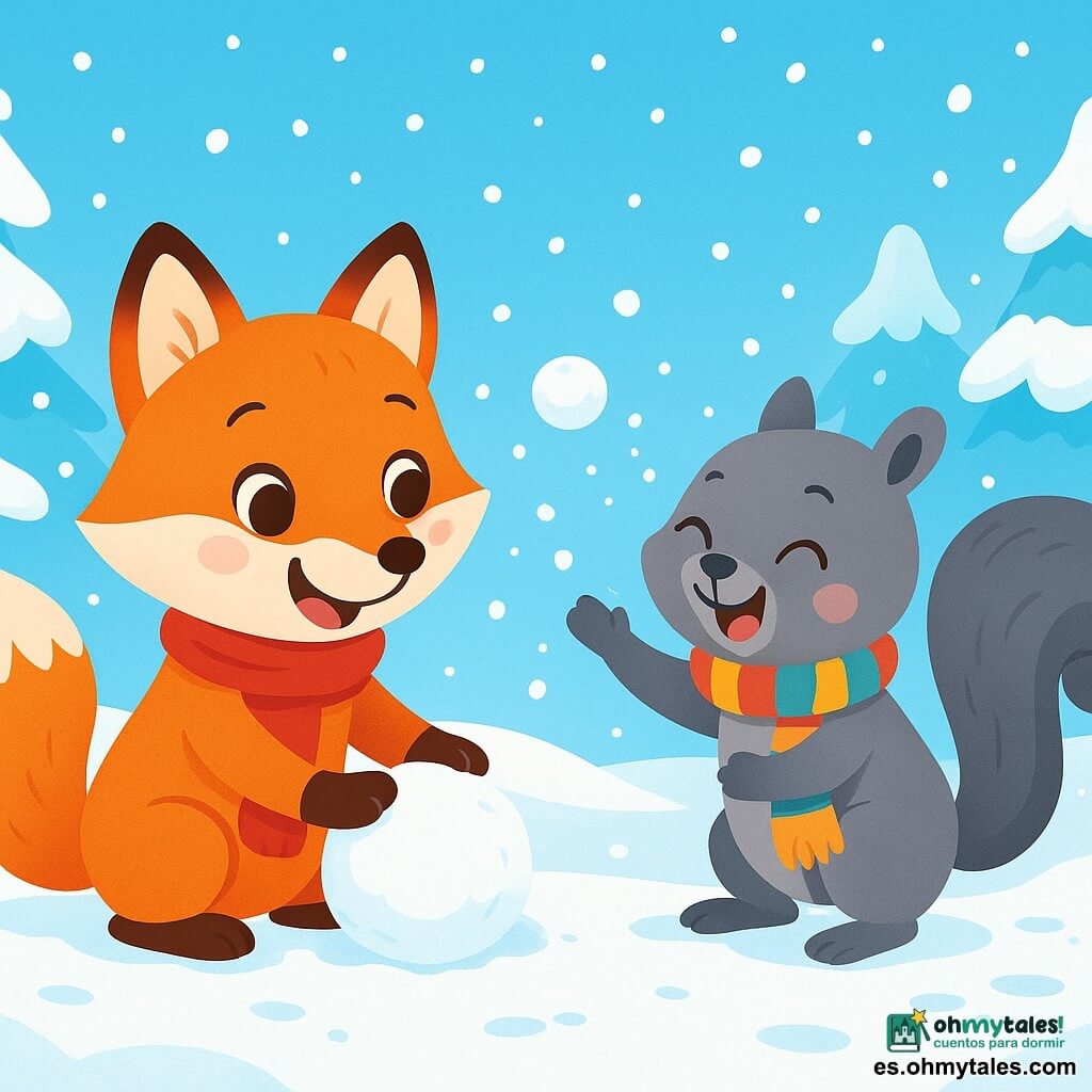 Un pequeño zorrito de pelaje rojo y suave, con grandes ojos brillantes y una bufanda roja, sonríe alegremente mientras juega en la nieve. Hace bolas de nieve con sus patitas, sus mejillas sonrosadas de felicidad. A su lado, una pequeña ardilla gris con una cola esponjosa y ojos chispeantes, también lleva una bufanda colorida. Ríe al lanzar una bola de nieve hacia el zorrito, llena de energía y amistad. El decorado es un hermoso paisaje invernal: árboles cubiertos de nieve brillante, un cielo azul claro y copos de nieve que caen suavemente. El suelo es una gruesa capa de nieve blanca y suave, donde se dibujan las huellas de los animales. La escena muestra al zorrito y a la ardilla jugando juntos, riendo y divirtiéndose en la nieve, rodeados por la belleza tranquila del invierno.