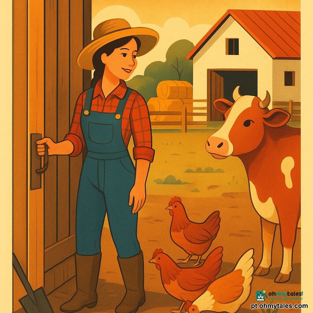 Uma jovem agricultora (20–25 anos), sorridente e atenta, cabelos castanhos trançados, chapéu de palha largo, camisa xadrez vermelho e azul, jardineira jeans e botas sujas, abre uma velha porta de madeira e olha para a fazenda; à sua direita está Mimosa, uma grande e dócil vaca castanha e branca, mugindo suavemente próxima dela; à esquerda, três galinhas castanhas e brancas bicam o chão; ao fundo, uma casa de fazenda de madeira caiada com telhado vermelho, um celeiro aberto, um curral de tábuas e fardos de feno empilhados; chão de terra com pegadas, tufos de grama e uma pá encostada na porta; luz suave da manhã em tons dourados, sombras longas e cores saturadas num estilo infantil art déco, mostrando a agricultora começando o dia, serena e atenta aos sons da manhã.