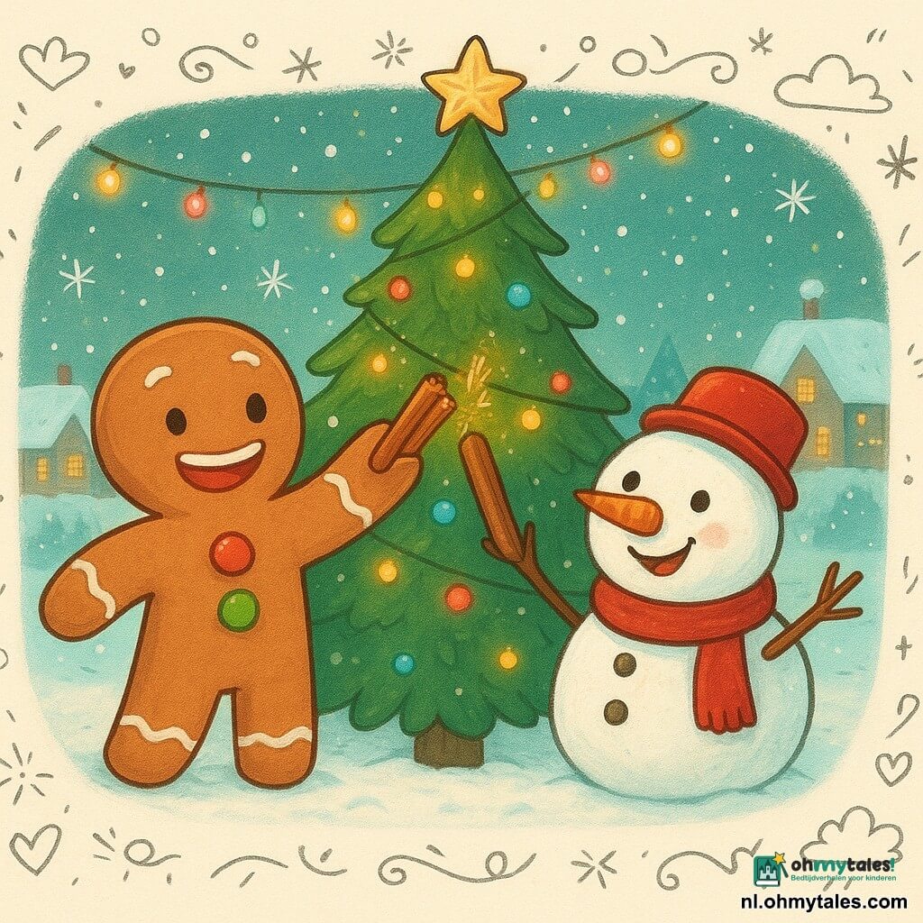 Een glimlachende peperkoekman met twee gekleurde suikerknopen en een brede glimlach van glazuur hangt vrolijk glinsterende kaneelstokjes aan een grote kerstboom. Naast hem helpt een kleine, zachte sneeuwpop met een felrode neus en een speelse glimlach door een kaneelstokje aan te reiken, zijn ogen fonkelen van opwinding. Op de achtergrond is een met sneeuw bedekte dorpsplein te zien, verlicht door veelkleurige lichtslingers, met zacht vallende sneeuwvlokken. De scène straalt een warme en feestelijke sfeer uit en vangt de magie van Kerstmis met levendige kleuren en betoverende details.