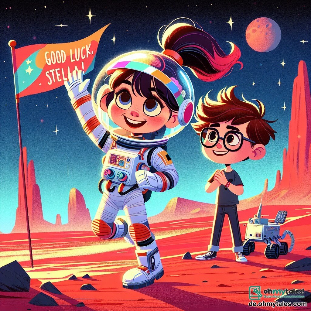 Eine Astronautin, Stella, eine Frau mit braunen Haaren, die zu einem Pferdeschwanz gebunden sind, trägt ein glänzendes und buntes Raumanzug. Ihr Gesicht drückt Staunen und Aufregung aus, während sie einen Schritt auf die rote Oberfläche des Mars macht und die Arme zum Zeichen des Sieges hebt. Neben ihr steht ein Junge namens Max, etwa 10 Jahre alt, mit Brille und zerzausten Haaren, der ein großes, buntes Banner mit der Aufschrift "Viel Glück, Stella!" hält. Er lächelt breit, steht auf einem kleinen Hügel und beobachtet seine Freundin bewundernd. Die marsianische Landschaft erstreckt sich hinter ihnen mit roten Sanddünen, seltsamen Felsformationen und einem tiefblauen Himmel, der mit funkelnden Sternen übersät ist. In der Ferne ist ein Erkundungsrover zu sehen, bereit für das Abenteuer. Die Hauptsituation zeigt Stella, voller Freude und Begeisterung, die ihre ersten Schritte auf dem Mars macht, bereit, diese faszinierende neue Welt zu erkunden, während Max sie mit seinem Banner ermutigt und ihren Traum von einem Weltraumabenteuer teilt.