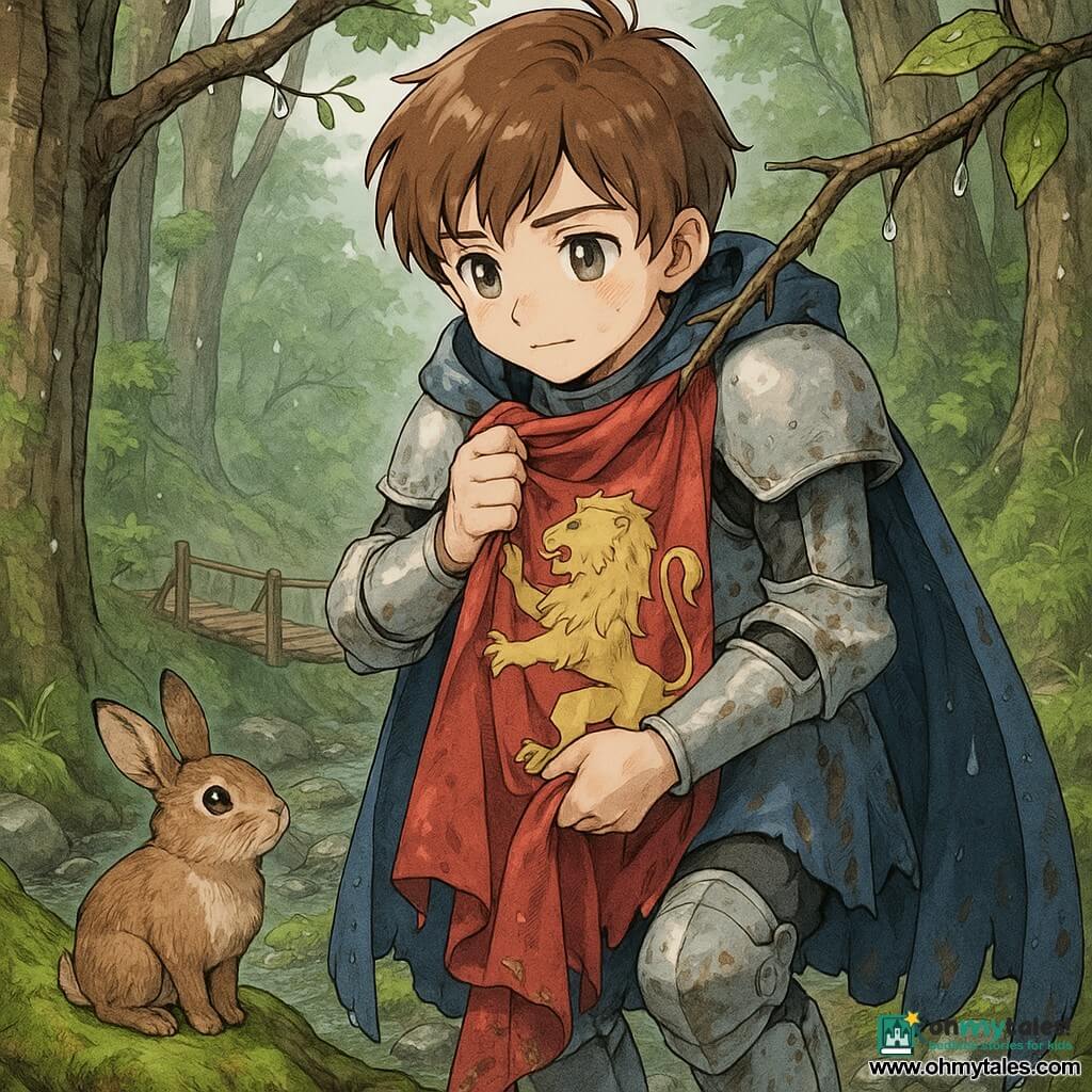 Sir Elio, a young knight with a gentle determined face and short chestnut hair, in simple muddy silver armor and a soaked blue cape, clutches a large wet red banner with a golden lion as he leans to retrieve it from a branch; beside him a small wet brown rabbit with ears up sits on a mossy root, curious and grateful; the scene is a forest ravine after rain with tall textured trees, dripping branches, wet stones and a shaky wooden footbridge in the background, diffuse light and pale gray clouds, vibrant wet green leaves, the moment dramatic yet tender as fine rain resumes and the atmosphere feels brave and caring.