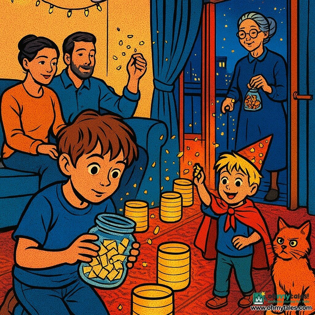 A 10-year-old narrator (small human, messy chestnut hair, curious eyes) kneeling at the start of a path of golden paper lanterns, concentrated gentle expression, shaking a glass jar of folded wishes like swirling indoor snow; Milo, the 6-year-old little brother (makeshift red cape, messy blond hair), excited and amazed, standing behind holding a party hat with gold confetti; the mother (adult woman, tied brown hair, warm sweater) seated left on the sofa smiling tenderly and holding the father's hand; the father (adult man, light beard, casual shirt) protective and joyful, arm around the mother ready to toss confetti; Grandma Nora (elderly woman, grey hair in a bun, round glasses) mischievous and calm, standing by the balcony door holding a sachet of spices with cinnamon sticks and dried orange slices; a fluffy ginger cat with a wary comical look sits on an overturned lantern in the foreground; setting: cozy apartment hallway and living room with beige walls, thick rug, warm fairy lights, balcony door opening onto a glittering night city; scene: family gathered around a trail of golden lanterns leading to the balcony, jar of wishes and gold confetti drifting in the air; palette: bright pop-art colors—warm golds, deep reds, midnight blues—with crisp textures, graphic shadows, and bold black outlines.