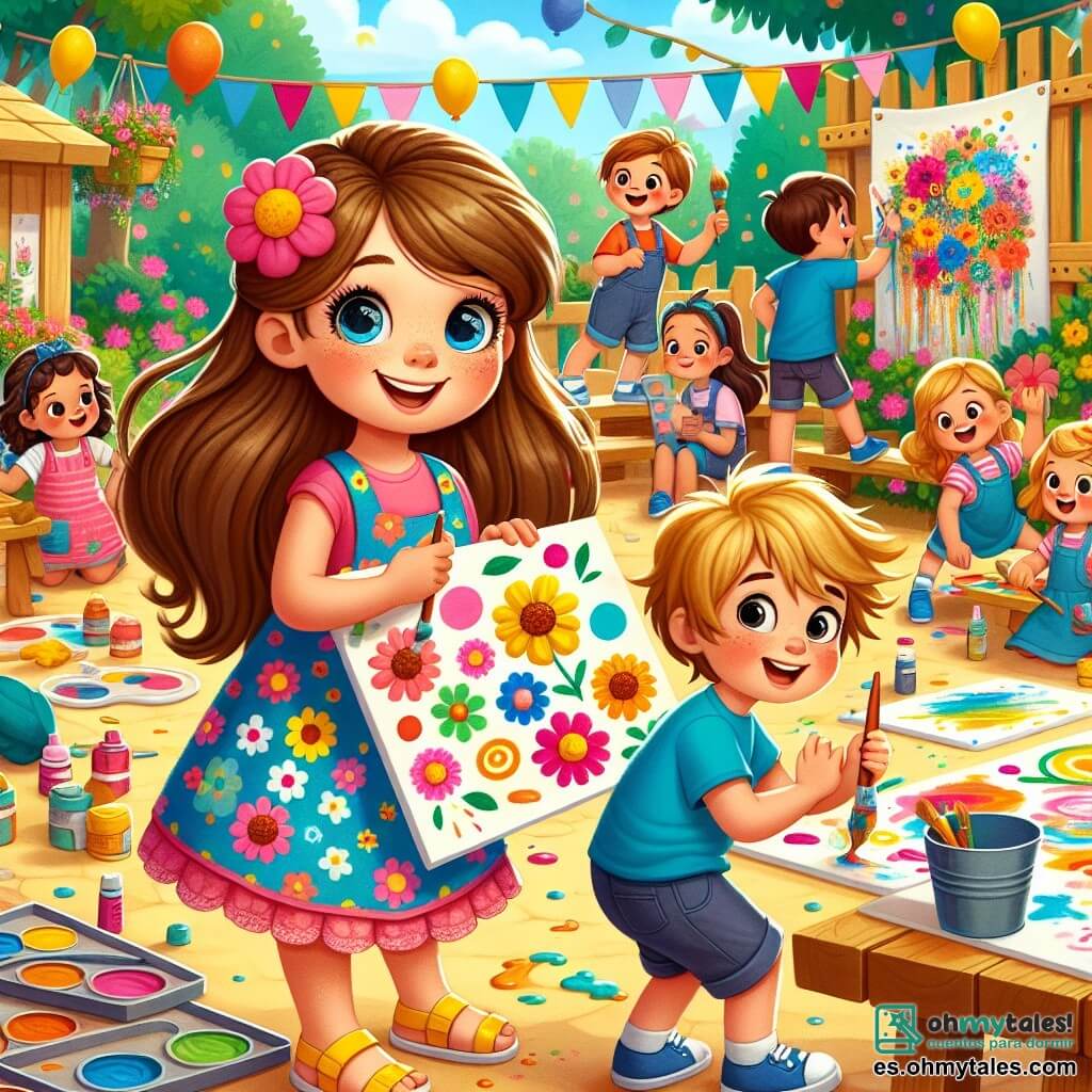 Clara, una niña de 8 años con largos cabellos castaños y ojos llenos de curiosidad, sonríe alegremente mientras sostiene un gran cartel colorido que dice "¡Todos juntos!" en el jardín de la escuela. Lleva un vestido de flores brillantes y sandalias amarillas. A su lado, Tomás, su hermano pequeño de 5 años, con el cabello rubio desordenado y una camiseta azul, intenta pintar un gran panel con colores vivos, riendo por las salpicaduras de pintura. Al fondo, compañeros de clase, niños y niñas, se divierten intercambiando roles, algunos aprendiendo a cocinar, otros a hacer manualidades, todos sonrientes y comprometidos en diversas actividades. El jardín de la escuela está lleno de flores coloridas, mesas de madera y globos flotantes, creando una atmósfera alegre y festiva. La escena muestra el espíritu de camaradería e igualdad, con niños de todas las edades ayudándose y divirtiéndose juntos.