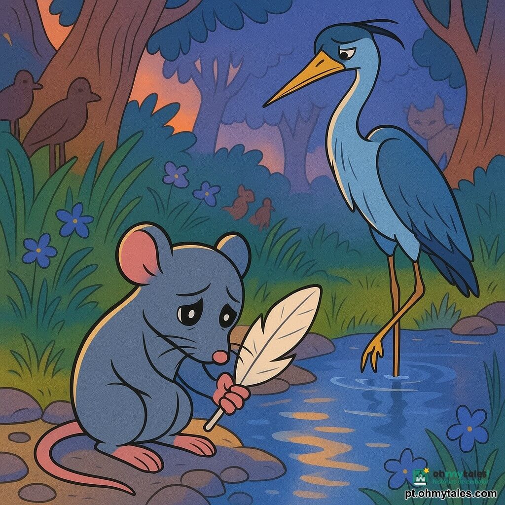 Um pequeno rato chamado Tico, pelo cinza-prateado brilhante, olhos redondos e negros cheios de remorso, segura uma grande pena branca delicada entre as patinhas, cabeça levemente baixa e orelhas achatadas; o Senhor Garça, ave alta e esguia de plumagem cinza-azulada e bico longo e fino, está apoiado numa pata junto à margem, com olhar doce porém triste, a alguns metros atrás de Tico; ao redor, alguns pássaros de madeira e uma raposa ao longe observam entre os arbustos, desfocados; cenário: a margem de um pequeno ribeiro claro, seixos lisos, ervas altas e flores azuis, reflexos prateados da lua na água e troncos retorcidos ao fundo; a cena mostra o momento da devolução: Tico estende a pena ao garça ao crepúsculo, luz dourada do pôr do sol misturada à frieza da lua, atmosfera calma e emotiva; paleta em tons quentes e pastéis com contrastes prateados, traços suaves e contornos nítidos, estilo cartoon dos anos 90, expressões legíveis e silhuetas simples.
