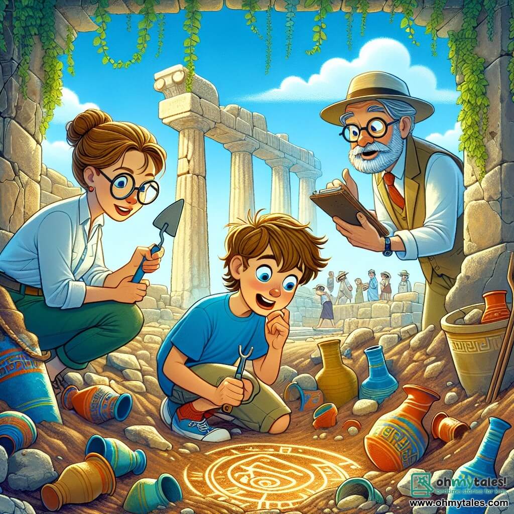 In the center of the image, a female archaeologist, Dr. Emma Stone, is depicted with brown hair in a bun, wearing glasses and a straw hat. She has a look of wonder on her face, holding a trowel in one hand and a colorful pottery fragment in the other. Beside her is a young boy named Alex, around 10 years old, with messy blonde hair and a blue t-shirt, curiously observing an ancient symbol engraved in the ground, leaning forward. An older man, Professor Alexandros, about 50 years old with a gray beard and glasses, stands behind them with crossed arms, displaying a proud and excited expression. The scene takes place at an archaeological excavation in Greece, featuring ancient stone ruins, collapsed columns covered in ivy, and a bright blue sky. Archaeological tools like brushes and buckets are scattered around, and colorful pottery shards emerge from the ground. The main situation shows Emma and her friends discovering an ancient symbol engraved on the walls of a hidden chamber, illuminated by their lamps, as they exchange amazed looks and ideas about its meaning.