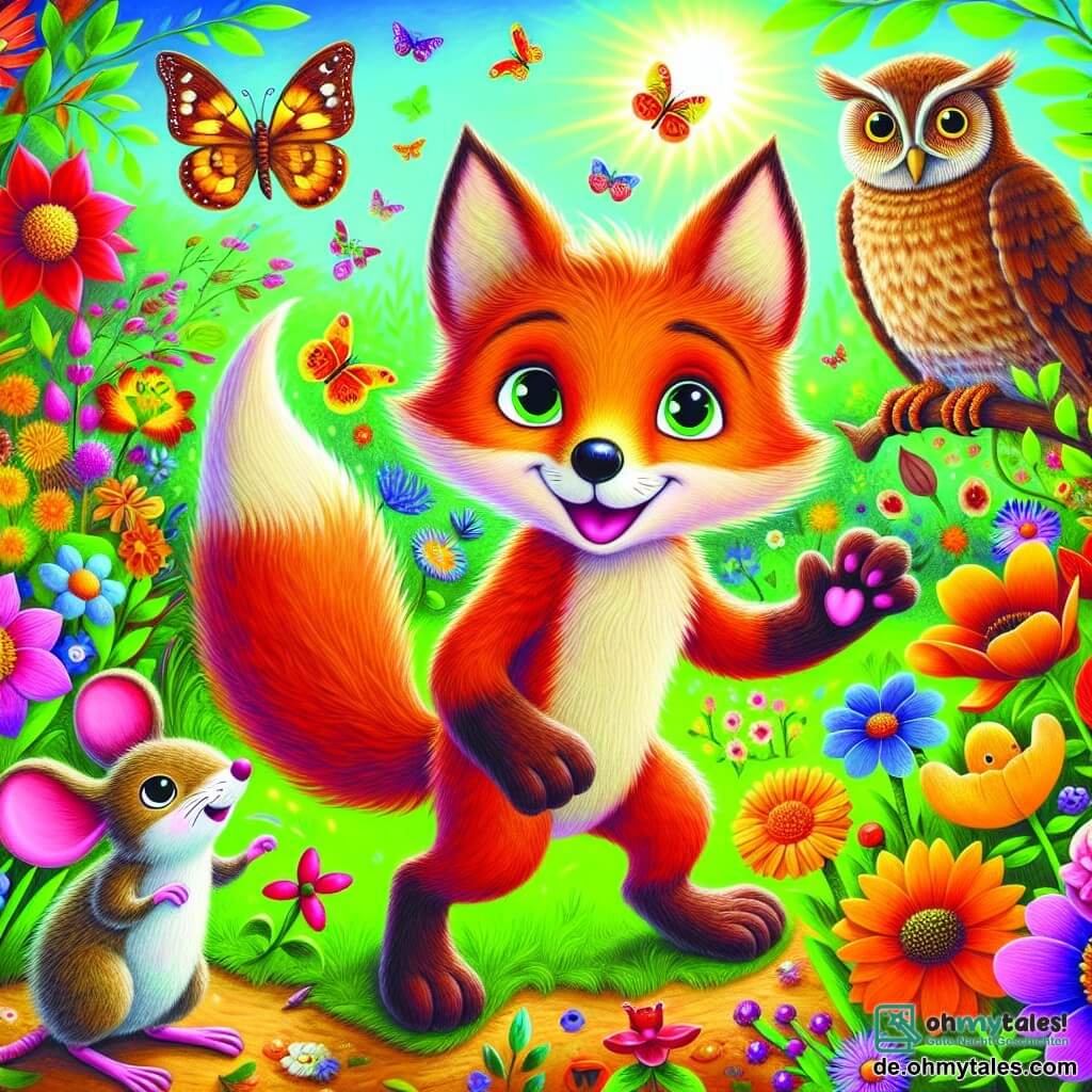 Ein kleiner Fuchs namens Felix, mit leuchtend rotem Fell und neugierigen Augen, steht im Zentrum eines bunten Gartens, umgeben von strahlenden Blumen und tanzenden Schmetterlingen. Er lächelt fröhlich, mit erhobenen Vorderpfoten, als wäre er bereit zu erkunden. Rechts von ihm beobachtet eine lebhafte, schelmische Maus mit grauem Fell und großen Ohren Felix mit einem ermutigenden Blick, ihre Pfoten auf einer Blume ruhend, bereit, Träume zu teilen. Links sitzt eine weise alte Eule mit braunen Federn und runden Brillen auf einem Ast, ihre Augen glänzen vor Weisheit, während sie aufmerksam Felix' Worte hört. Der Garten ist ein lebendiges Bild, gefüllt mit bunten Blumen, Sonnenstrahlen, die durch die Blätter filtern, und süßen Düften in der Luft. In dieser Szene teilt Felix seine Entdeckungen über Wahrheit und Freundschaft mit seinen Freunden, ermutigt sie zuzuhören und gemeinsam zu träumen und schafft so einen magischen Moment der Verbindung und Freude.