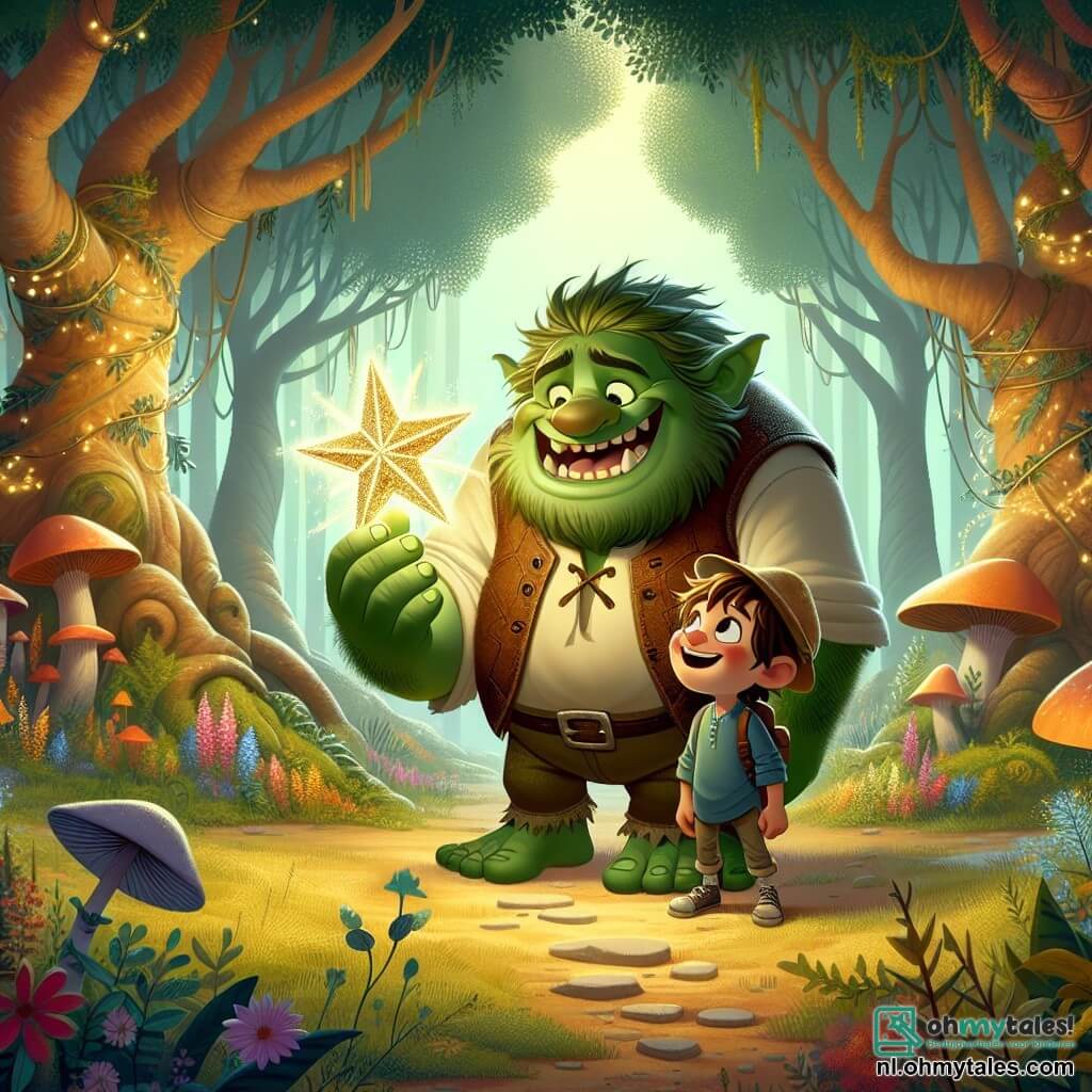 Een vriendelijke ogre, genaamd Grumble, staat in het midden van het beeld. Hij heeft glanzende groene huid, zachte ronde ogen en een brede glimlach die zijn grote tanden toont. Hij draagt een versleten leren vest en een strohoed. Grumble kijkt verwonderd naar een heldere ster die hij in zijn grote handen houdt, zijn uitdrukking is vrolijk en vol hoop. Naast hem staat een jonge jongen genaamd Finn, ongeveer 8 jaar oud, met een vastberaden blik. Hij heeft rommelig bruin haar, draagt een blauwe shirt en een stoffen broek. Finn kijkt naar Grumble, klaar om hem te helpen in zijn zoektocht. Op de achtergrond is er een betoverd bos te zien, met gigantische bomen met knoestige stammen en glinsterende bladeren. Kleurrijke bloemen en reusachtige paddenstoelen bedekken de grond, terwijl een zachte gouden licht door de takken filtert, wat een magische sfeer creëert. De scène toont het moment waarop Grumble en Finn zich voorbereiden om de vloek van de ogre te verbreken met de magie van de ster, wat hun vriendschap en moed symboliseert tegenover het onbekende.