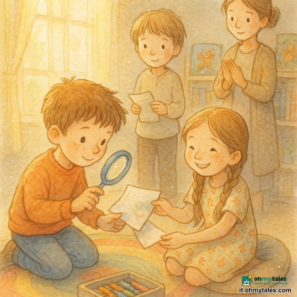 Marco, 6 anni, volto rotondo e lentiggini, capelli castani arruffati, con aria concentrata tiene una lente di plastica e scruta l'angolo piegato di un disegno che Tommaso, circa 6 anni, castano chiaro e timido, porge a Caterina, circa 6 anni, capelli lunghi intrecciati e vestito a fiori, seduta su un cuscino e sorridente sollevata; l'insegnante, donna adulta coi capelli raccolti, sorride e applaude vicino a uno scaffale basso; scena in un piccolo club di lettura colorato con tappeto rotondo a righe, cuscini morbidi, scaffali pieni di album illustrati, scatola di matite macchiata d'acquerello, tavolino in legno chiaro e luce calda dalla finestra.