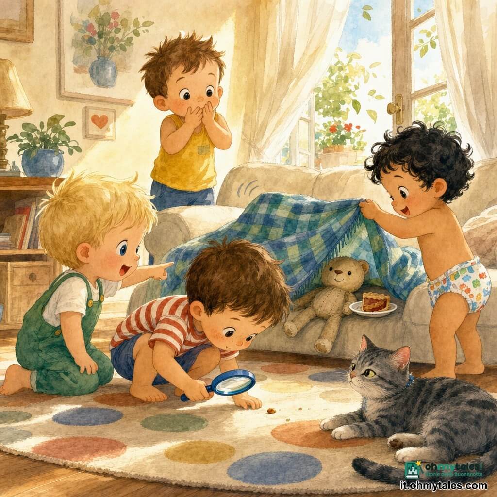 Quattro bambini di 3 anni: Leo, biondo con capelli corti e occhi azzurri, in ginocchio a sinistra del divano indica una coperta; Tom, castano con lentiggini e maglietta a righe rosse e bianche, accovacciato al centro tiene una lente di plastica davanti a una briciola; Sami, capelli neri ricci e pannolino colorato, a destra solleva un angolo della coperta; Nico, capelli castani corti e gilet giallo, in piedi dietro gli altri osserva sorpreso con le mani sulla bocca. Peluche: piccolo pupazzo di stoffa beige con sorriso ricamato parzialmente sotto la coperta sul divano, con una mini‑piattina e una fetta di torta attaccata a una zampa. Gatto tigrato grigio sdraiato vicino al tappeto, rilassato. Soggiorno luminoso con divano crema, coperta a quadri blu e verde, tappeto morbido a motivi rotondi, tavolino chiaro con briciole e porta‑finestra aperta che fa muovere le foglie; luce calda del sole e tocchi acquerellati per ombre e polvere di luce. I quattro piccoli investigatori scoprono la peluche con la fetta di torta sotto la coperta, espressioni meravigliate e sorrisi timidi, scena calma e curiosa focalizzata sulla lente, le briciole e la mini‑piattina vicino al pupazzo.