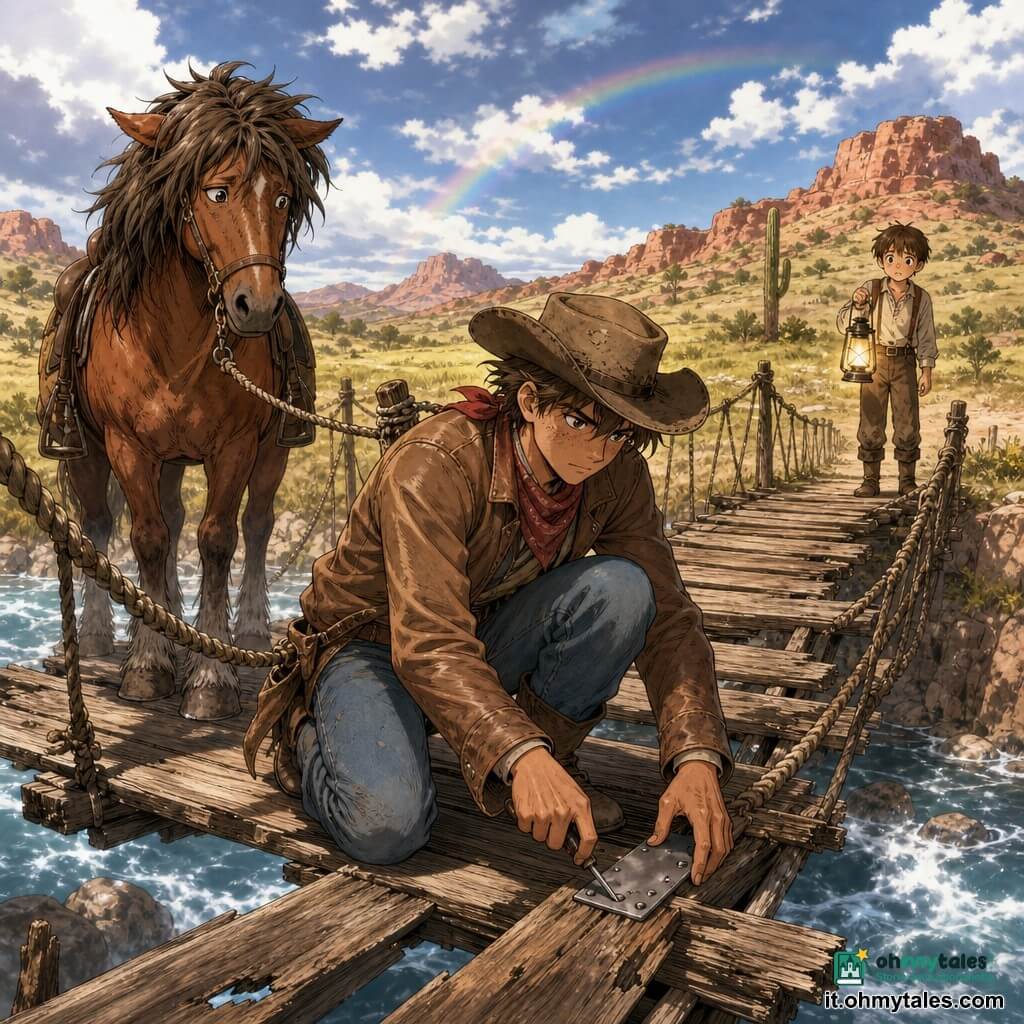 Un cowboy di circa 20–25 anni, pelle bruna e lentiggini, sguardo determinato e calmo, cappello consumato, giacca di pelle e stivali impolverati, è inginocchiato al centro di un vecchio ponte di legno traballante mentre ripara una tavola spezzata con una piastrina di metallo; il cavallo Brazo, alto e alezzato con criniera arruffata, occhi dolci e orecchie indietro, legato alla vita dell'uomo, trema ma è rassicurato all'inizio del ponte; un ragazzo di fattoria di circa 10 anni, capelli corti e camicia semplice, sta sulla riva opposta con una lanterna, osservando preoccupato e ammirato; intorno praterie ondulate, qualche cactus e colline rosse sotto un cielo parzialmente nuvoloso con un leggero arcobaleno, sotto il ponte scorre un fiume rapido e luccicante; atmosfera di lieve tensione e tono eroico mentre il cowboy protegge la mappa arrotolata nella tasca.