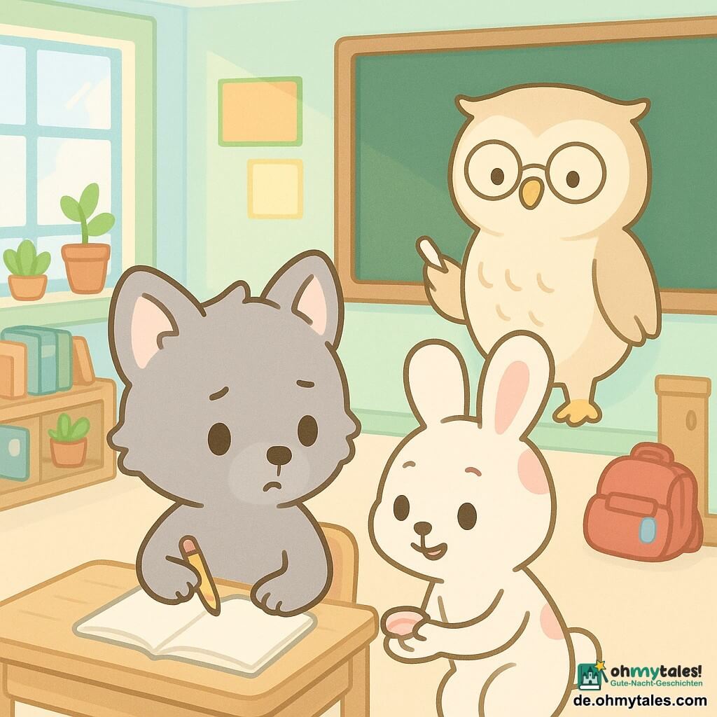 Ein kleiner Wolfsjunge Wulf, weiches graues Fell, große runde Ohren, glänzende runde Augen und leicht zusammengezogene Brauen, nervös und entschlossen zugleich, sitzt an einem hellen Holzpult, hält einen gelben Bleistift und blickt auf ein geöffnetes Heft; seine Klassenkameradin Mina, weiße, rosa gefleckte Häsin mit langen Schlappohren und zuversichtlichem Lächeln, sitzt rechts von ihm und beugt sich vor, um ihm flüsternd zu helfen, mit einem rosa Radiergummi in der Handfläche; die Lehrerin Frau Eule, cremiges Gefieder und runde Brille, steht mit sanfter Haltung vor einer dunkelgrünen Tafel und einer weißen Kreide, mit wohlwollendem Blick zur Klasse; im Hintergrund neben einer Holztür liegt eine vergessene rote Sporttasche mit blauem Etikett neben einem gelben Schild mit der Aufschrift Klassenaufgabe; der Klassenraum ist hell, Wände in Pastell (minzgrün und himmelblau), bunte Poster, Holzregale mit Büchern und Topfpflanzen, Morgenlicht fällt durch ein großes Sprossenfenster; Hauptszene: ein ruhiger, zärtlicher Moment, in dem Wulf vor einer wichtigen Schulaufgabe zögert, umgeben von bunten Schulutensilien und beruhigenden Freunden; Stil: kawaii minimal, klare Konturen, sanfte Farben, sehr leichte Schattierung, zentrierte Komposition, leicht erhöhte Perspektive.
