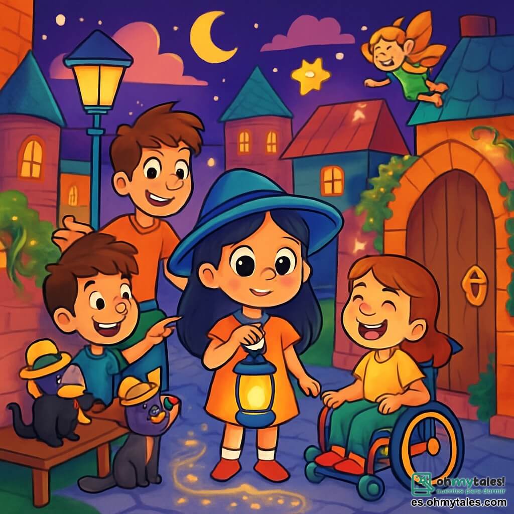 Hay 4 niños: - Lucía: una niña de 8 años con grandes ojos brillantes y un sombrero azul, de pie en el centro, sosteniendo una linterna mágica que ilumina huellas brillantes en el suelo. - Tomás: un niño de 9 años, alto y atlético, con el pelo castaño despeinado, a la izquierda, sonriendo y señalando a un gato con un sombrero de copa que descansa en un banco. - Carla: una niña de 8 años, alegre, que usa una silla de ruedas decorada con colores vivos, a la derecha, riendo mientras habla con un duendecillo que vuela cerca de ella. - Nico: un niño de 7 años, travieso, con pelo rubio y una sonrisa pícara, detrás de Lucía, haciendo muecas a un mapache que lleva gafas. El lugar es una ciudad mágica, con edificios de colores vivos, muros de ladrillo adornados con enredaderas brillantes y faroles que brillan como estrellas. El cielo es de un profundo color violeta, salpicado de nubes rosas, y criaturas fantásticas vuelan alrededor, añadiendo a la atmósfera mágica. La situación principal muestra a los niños explorando un rincón de esta ciudad encantada, descubriendo una puerta secreta de madera con una cerradura dorada, llenos de asombro y curiosidad, listos para entrar en un mundo lleno de magia y aventuras.