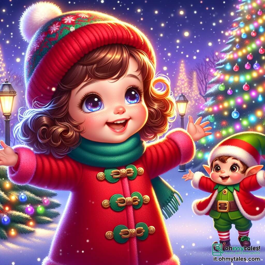 Una bambina di 3 anni, Sofia, con grandi occhi brillanti e capelli ricci castani, indossa un cappotto rosso vivo e un berretto di lana. Sorride con meraviglia, le braccia aperte, davanti a un magnifico albero di Natale illuminato. Accanto a lei, un piccolo elfo di Natale, con orecchie a punta e un costume verde e rosso, sta danzando gioiosamente, le braccia alzate verso il cielo. Ha un sorriso splendente e guance rosa, mostrando la sua eccitazione. Lo scenario è un parco incantato, coperto da uno spesso strato di neve scintillante. Luci colorate decorano gli alberi circostanti e fiocchi di neve cadono dolcemente dal cielo stellato. La scena mostra Sofia e l'elfo che celebrano la magia del Natale, circondati da luci scintillanti e risate, mentre hanno appena acceso le luci dell'albero di Natale, riempiendo l'aria di gioia e meraviglia.