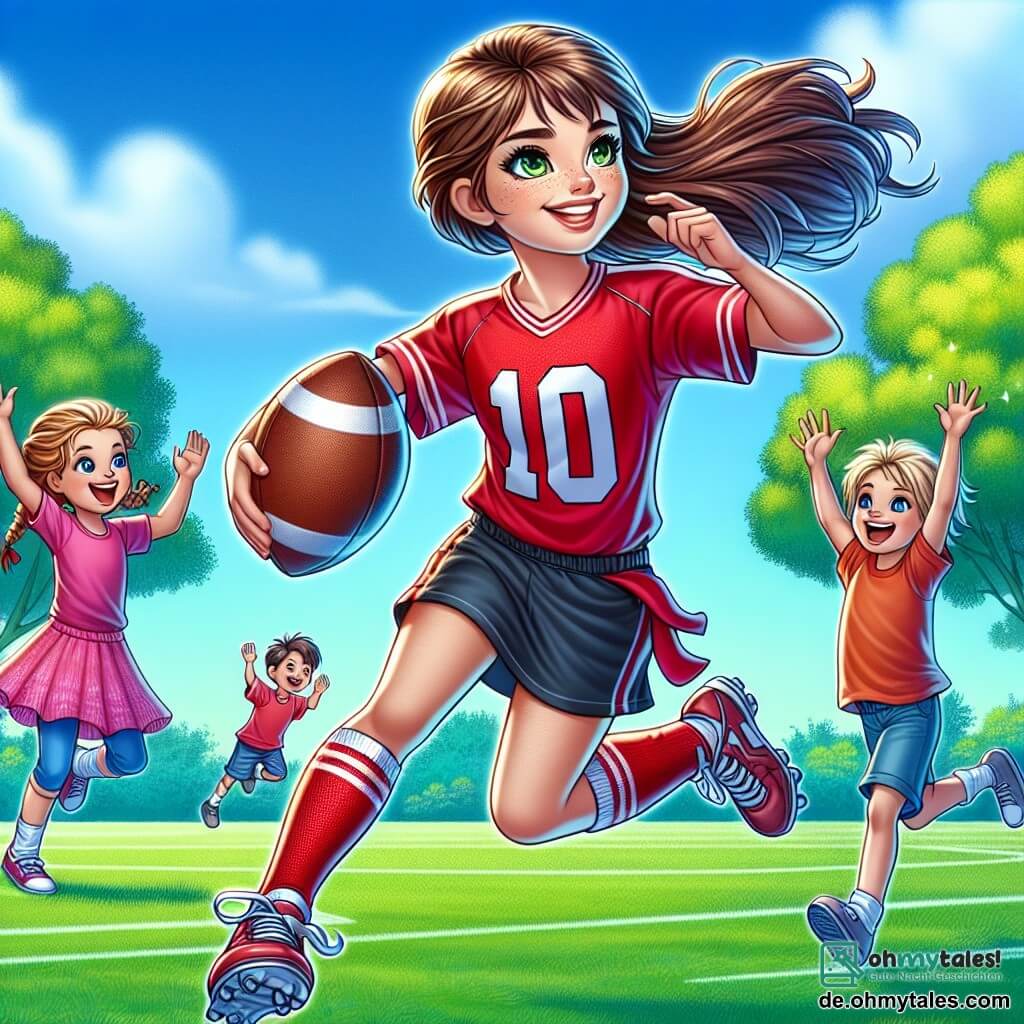 Lena, eine athletische junge Frau von etwa 25 Jahren, steht im Mittelpunkt des Bildes, lächelnd und voller Energie. Sie trägt ein rotes Fußballtrikot mit der Nummer 10, ihre braunen Haare sind zu einem Pferdeschwanz gebunden und wehen im Wind. Sie dribbelt mühelos einen Fußball, ihr entschlossener und fröhlicher Blick zeigt ihre Leidenschaft für das Spiel. Neben ihr applaudiert Max, ein 10-jähriger Junge mit zerzausten blonden Haaren und einem blauen T-Shirt, begeistert. Er springt vor Freude, seine Augen strahlen Bewunderung für Lena aus. Ein wenig weiter entfernt versucht ein 8-jähriges Mädchen mit Zöpfen, das in einem rosa Rock und mit strahlendem Lächeln gekleidet ist, Lenas Bewegungen nachzuahmen, mit erhobenen Armen und voller Enthusiasmus. Die Szene spielt auf einem grünen Fußballfeld, umgeben von Bäumen mit leuchtend grünen Blättern und einem hellblauen Himmel, der mit einigen weißen Wolken übersät ist. Im Hintergrund spielen Kinder, was der Illustration eine fröhliche und dynamische Atmosphäre verleiht. Die Hauptsituation zeigt Lena, die den Kindern Fußballtechniken beibringt und ihnen ihre Leidenschaft und Liebe zum Spiel vermittelt, während sie gemeinsam auf dem Platz Spaß haben.