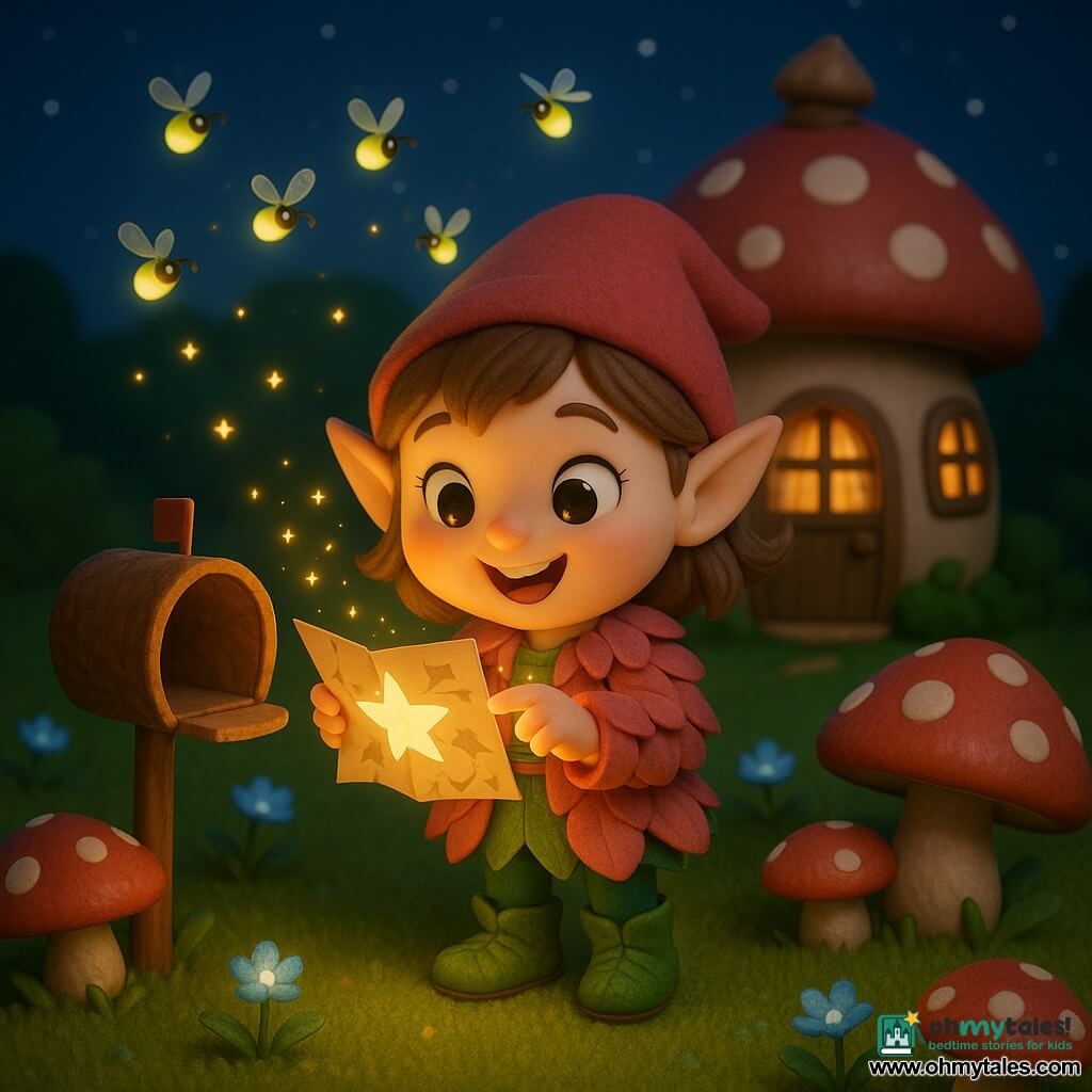 Lumi, an elf girl, joyful and curious with a smiling face and sparkling eyes, wears a pink petal jacket and leaf-green boots and delicately holds a glowing star-paper card that emits tiny golden sparks; a small open walnut-shell mailbox sits beside her as yellow and green fireflies circle like miniature lanterns above the field; background: an acorn-and-mushroom cottage with round light-wood doors and a window with checkered curtain under a starry deep-blue sky; thick green grass dotted with blue light-flowers and large red-and-white spotted mushrooms used as seats; main scene: the elf discovers and touches the shimmering magical card with an amazed expression and soft warm light on her face; style: ultra-cute 3D figurines, detailed matte-plastic textures, vivid contrasting colors and soft warm lighting.
