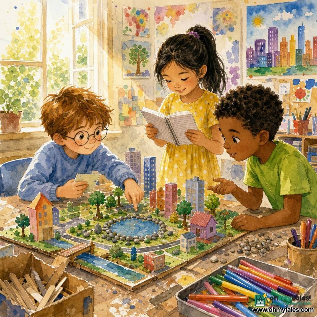 Three 8-year-olds present a miniature town on a sunny classroom table: Milo (left) is small with tousled light brown hair, freckles, round glasses and a pale blue sweater, holding a note card and pointing to a small paper blue pond edged with grey beads; Ava (center) has black hair in a ponytail, wears a yellow polka-dot dress, stands behind the model reading from her notebook and smiling calmly; Jayden (right) has tan skin, short curly hair and a bright green T‑shirt, crouching to inspect miniature stones with a curious hand gesture; close-up view on a light wood table covered with the model board, boxes of craft sticks and markers in a tray, an open window casting warm light and colorful posters on the wall, gentle attentive mood with watercolor textures and light splashes around the edges.