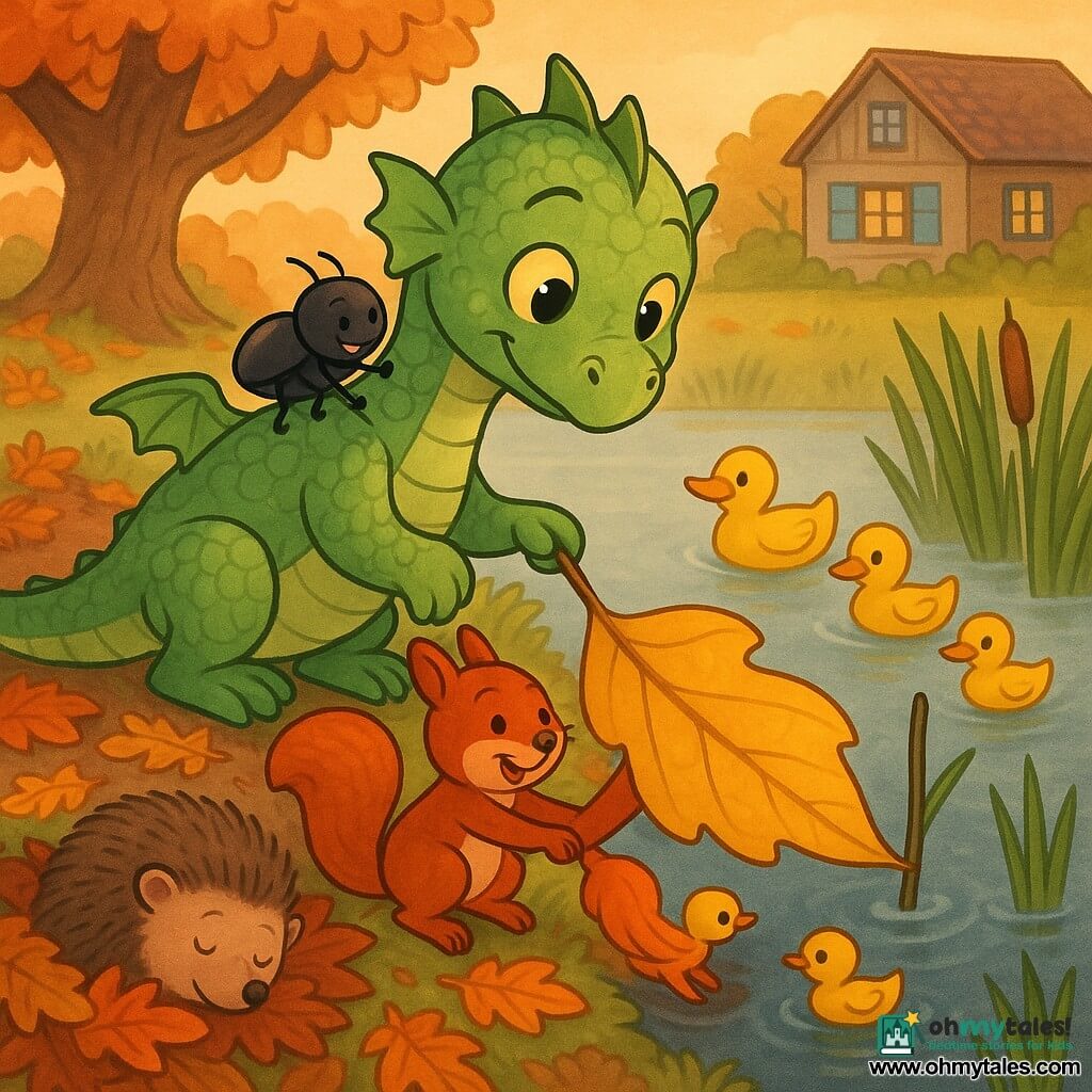 Miri, a small pale-green dragon with golden eyes, is gentle and focused, tilting her head and guiding a large golden leaf with her curled tail; Pip, a shiny black beetle, perches happily on her shoulder and nudges the leaf with tiny legs; Tilly, a red squirrel with a bushy tail, smiles and pushes the leaf from the bank near Miri's feet; a family of yellow ducks swims calmly in the misty pond near the reeds where the leaf is caught; a brown hedgehog sleeps curled in a nest of russet leaves in the foreground; the autumn garden around the pond has dark smooth water with a light white mist, a reed-lined shore, a carpet of orange, red and brown leaves, an old chestnut tree and a wooden house with blue shutters in the background; the friends gently work together to free the stuck leaf, creating a warm, calm sunset autumn atmosphere.