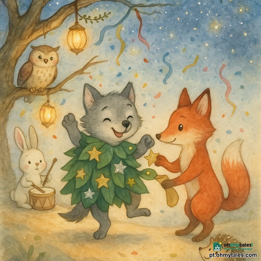 Um lobinho cinza doce (personagem principal), de olhos redondos e maliciosos, sorrindo e radiante, veste um manto de grandes folhas verdes com estrelas douradas e prateadas e dança na duna erguendo as patas; a raposa ruiva Estela, de olhos brilhantes e sorriso terno, segura um rolo de papel dourado e ajusta uma estrela no manto, inclinada junto a ele; ao fundo um coelho branco toca um tambor de madeira, uma coruja bege pousa num galho com uma pequena guirlanda e um ouriço com brilhos sorriem observando; o cenário é uma grande duna de areia iluminada por lanternas penduradas em galhos tortuosos, com fitas coloridas e confetes no ar; festa de carnaval noturna, luz quente das lanternas, céu estrelado em cúpula acima dos dançarinos, atmosfera alegre e mágica em tons pastel e texturas aquarela.