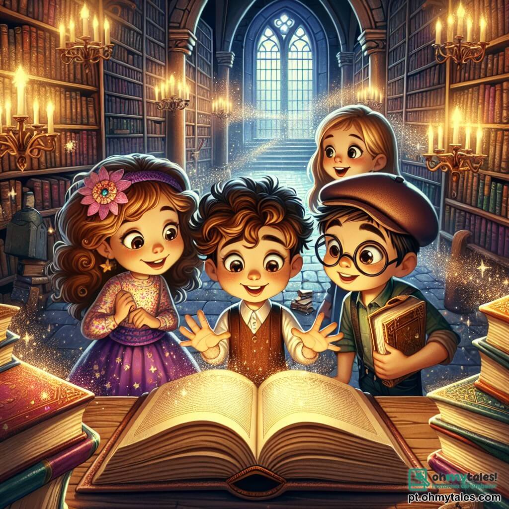 Em uma biblioteca mágica, quatro amigos estão juntos. Luna, uma menina de 8 anos com cabelos cacheados e castanhos, usa um vestido colorido e observa com curiosidade um velho livro empoeirado. Ao lado dela, Pedro, um menino de 8 anos com óculos e cabelos loiros bagunçados, sorri entusiasticamente segurando uma pequena chave brilhante. Sofia, uma menina de 8 anos com cabelos longos e lisos, vestida com uma camiseta florida, aponta para o livro, com os olhos brilhando de excitação. Finalmente, Tomás, um menino de 8 anos com cabelos castanhos e um boné, se inclina para frente, examinando atentamente o livro aberto na mesa. A biblioteca é espaçosa, com grandes estantes de madeira cheias de livros coloridos. Raios de luz filtram através das janelas, iluminando a poeira no ar e criando uma atmosfera acolhedora e misteriosa. Ao fundo, uma porta de madeira antiga está entreaberta, revelando uma sala escura e intrigante. Os amigos acabaram de descobrir um livro antigo que liberou uma luz dourada, revelando um mistério a ser resolvido. Eles estão prestes a decifrar um enigma que os levará a uma emocionante aventura, cheia de segredos e tesouros escondidos.