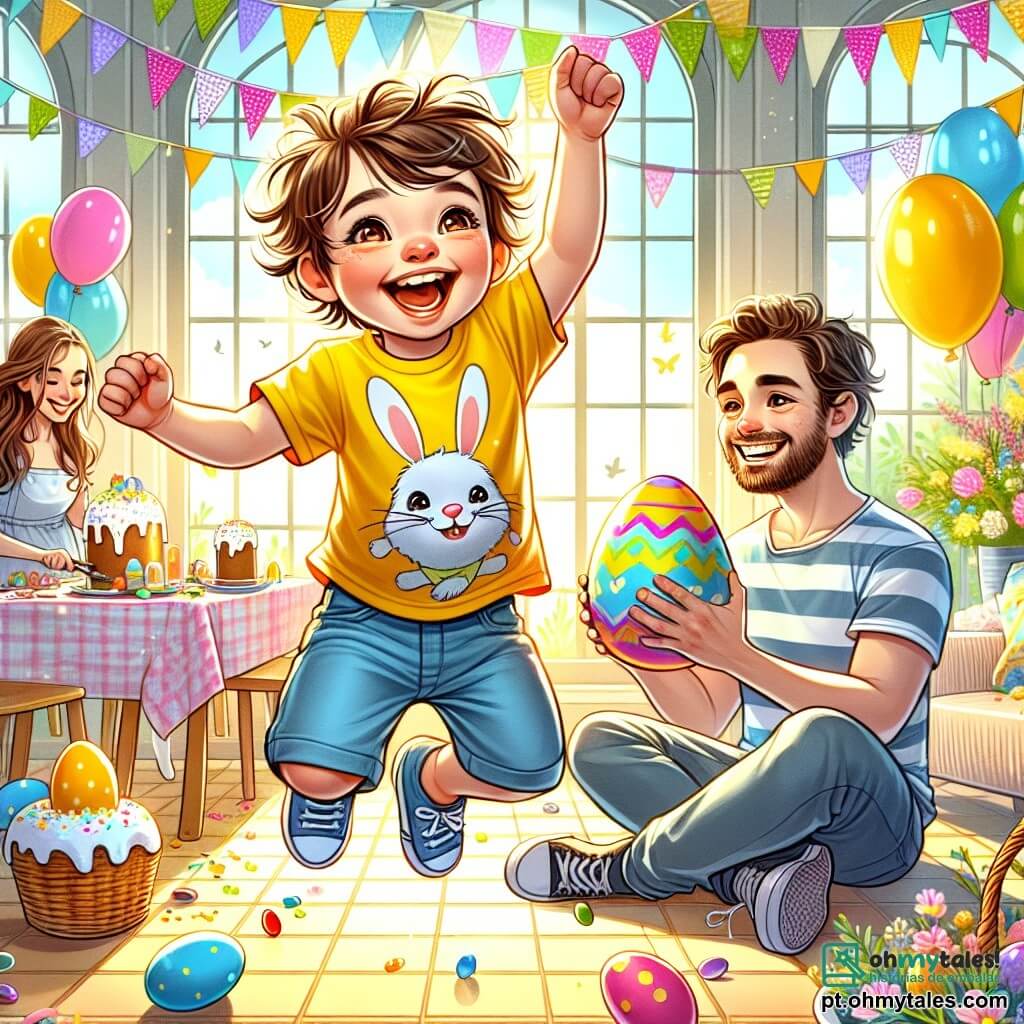 Um garotinho de 4 anos, Miguel, com cabelos castanhos bagunçados e grandes olhos brilhantes de alegria, está pulando de felicidade no meio de uma sala colorida, cercado por ovos de Páscoa multicoloridos. Ele usa uma camiseta amarela vibrante com um desenho de coelho e um short azul. Ao lado dele, seu pai, um homem de cerca de 30 anos com uma barba leve e um sorriso acolhedor, está mostrando um ovo de Páscoa gigante, segurando-o alto no ar. Ele veste uma camiseta listrada e um jeans. A mãe de Miguel, uma mulher de cerca de 28 anos com cabelos longos e cacheados, está preparando uma mesa cheia de guloseimas de Páscoa, com bolos e doces coloridos. Ela sorri ao olhar para seu filho, feliz por compartilhar esse momento. A cena acontece em uma sala iluminada, decorada com guirlandas de Páscoa, com janelas abertas deixando entrar a luz do sol. Balões e flores coloridas adicionam um toque festivo à atmosfera. Miguel, todo animado, acaba de descobrir um ovo escondido debaixo do sofá e grita de alegria, pronto para compartilhar sua descoberta com seu pai e sua mãe, criando uma atmosfera de felicidade e surpresa.