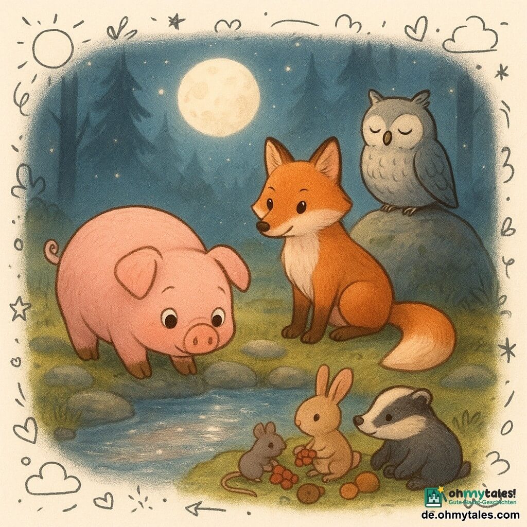 Ein rundes rosafarbenes Ferkel namens Rudi mit großen glänzenden Augen, schüchtern und erstaunt, trinkt am silbernen Bächlein mit schlammigen Pfoten auf moosbedeckten Steinen; ein roter Fuchs namens Silas mit glänzendem Fell und kupfernen Augen sitzt neben ihm auf einem Felsen, sanfter Blick, Schwanz ruhig am Boden; eine graue, runde Eule auf dem Rand des großen silbernen Felsens „Silverstein“ beobachtet die Szene von oben; ein kleines Tierkreis (Hase, Dachs, zwei Mäuse) in Halbkreis bringt Beeren und Nüsse und sitzt auf Moosteppich und flachen Steinen; Ort: Lichtung in der Dämmerung am „Moonquell“, Vollmondlicht spiegelt sich im glitzernden Wasser, dunkle Kiefernstämme und leichte Nebelschwaden; Stimmung: ruhiges, warmes Festmahl am Ufer, Glühwürmchen, dicke Moospolster, raue Rinde, sanfte runde Silhouetten; visueller Stil: warme Pastellfarben, weiche abgerundete Linien, subtiler Kontrast zwischen Mondblau und dem Rosa des Ferkels, kleine Doodles (Sterne, Noten, Wassertropfen) als kindliche Verzierung.