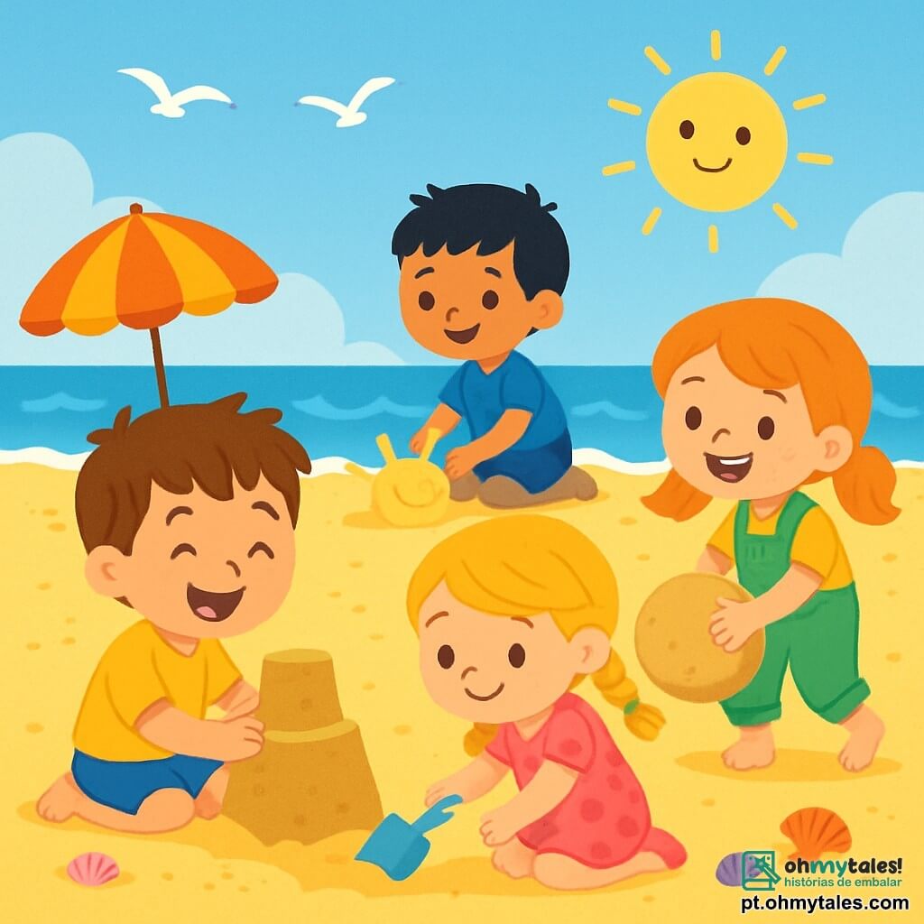 Há 4 crianças: - Léo: um menino de 5 anos, com cabelo castanho bagunçado e uma camiseta amarela. Ele está sentado na areia, construindo um castelo de areia com um grande sorriso. - Sara: uma menina de 5 anos, com cabelo loiro trançado e um vestido rosa com flores. Ela está ao lado de Léo, cavando um buraco com uma pequena pá azul. - Tomás: um menino de 6 anos, com cabelo preto e um short azul. Ele está um pouco mais longe, moldando um sol de areia com as mãos. - Inês: uma menina de 6 anos, com cabelo ruivo e um macacão verde. Ela está em pé, rolando uma bola de areia, com um grande sorriso no rosto. O local da cena principal é uma praia ensolarada, com areia dourada brilhando ao sol. Ao fundo, podem-se ver ondas suaves quebrando na costa e conchas coloridas espalhadas pelo chão. Guarda-sóis coloridos estão fincados na areia, e algumas gaivotas voam no céu azul. A cena principal mostra as crianças se divertindo juntas, construindo castelos de areia, rindo e brincando sob o sol de verão, cheias de alegria e amizade.