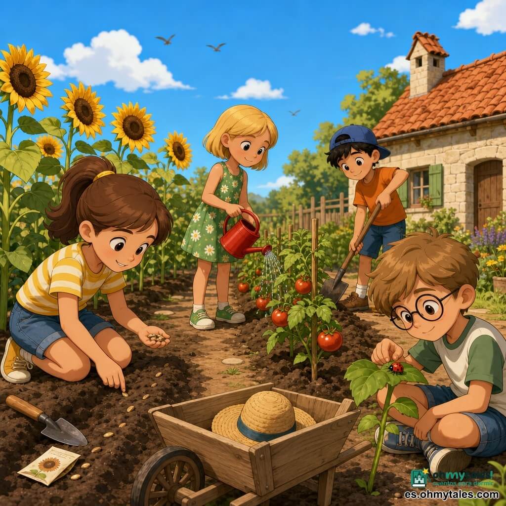 Hay cuatro niños: una niña de unos 9 años con coleta y camiseta amarilla a rayas plantando semillas de girasol a la izquierda; una niña de unos 8 años con pelo rubio corto y vestido verde regando tomates con un pequeño regador rojo en el centro; un niño de unos 10 años con pelo negro, gorra azul y camiseta naranja removiendo la tierra con una pala a la derecha; y un niño de unos 9 años con gafas redondas y pantalón corto vaquero sentado observando una mariquita en una hoja. Están trabajando alegremente en el huerto de su abuelo junto a una casa de piedra con tejado de tejas rojas; filas de tomates y altos girasoles, camino de tierra clara, una carretilla con un viejo sombrero de paja, cielo azul con algunas nubes y aves, ambiente veraniego, colores cálidos y texturas detalladas.