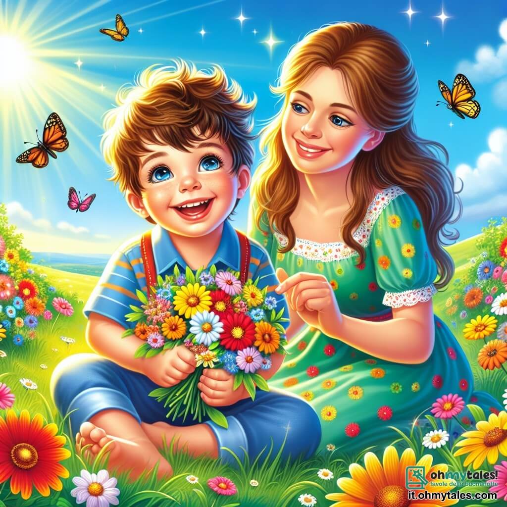 Un bambino di 2 anni, con i capelli castani disordinati e gli occhi brillanti di gioia, è seduto sull'erba verde. Sorride ampiamente, tenendo un bel mazzo di fiori colorati tra le mani. Accanto a lui, sua madre, una donna di circa 30 anni con lunghi capelli castani e un sorriso caloroso, si accovaccia per ammirare i fiori. Indossa un vestito leggero e colorato e guarda il figlio con tenerezza. Sullo sfondo, un campo soleggiato è pieno di fiori vivaci, farfalle che volano e un cielo azzurro. La scena principale mostra il bambino felice, circondato dalla bellezza della natura, che scopre il mondo con meraviglia.