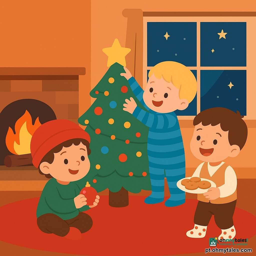 Há três meninos de 2 anos: à esquerda um de cabelos castanhos encaracolados com gorro vermelho e suéter verde segurando uma pequena bola de Natal brilhante; ao centro um loiro de cabelos lisos com macacão listrado azul, ajoelhado e a colocar uma estrela dourada no topo da árvore; à direita um moreno de cabelos castanhos com meias de bolinhas e colete bege, rindo e mostrando um prato de biscoitos; tudo numa sala acolhedora com grande tapete vermelho, janela gelada mostrando a noite estrelada, lareira acesa à esquerda e à direita uma árvore de Natal enfeitada com guirlandas coloridas e luzes piscantes, crianças decorando alegremente com bolas e guirlandas, ambiente aconchegante e expressões felizes.