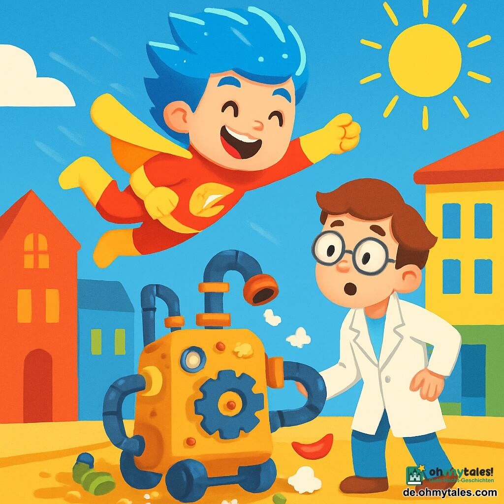 Ein junger Mann namens Blitzmax fliegt mit glänzend blitzblauen Haaren und einem breiten, fröhlichen Lächeln durch den blauen Himmel von Glimmerstadt. Er trägt ein leuchtendes Superheldenkostüm in Rot und Gelb, das in der Sonne funkelt, und wirkt entschlossen und begeistert. An seiner Seite schaut Tick-Tock, ein etwa 30-jähriger Mann mit runden Brillen und einem Laborkittel, besorgt aber neugierig auf die Maschine, die er erschaffen hat. Die Szene spielt sich in einer belebten Straße von Glimmerstadt ab, wo bunte Gebäude mit glänzenden Fassaden unter einem sonnigen Himmel stehen. Am Boden wühlt eine große, ungeschickte Maschine, voll mit Rohren und Zahnrädern, die versucht, den Müll zu beseitigen, was ein leichtes Chaos verursacht. Blitzmax und Tick-Tock arbeiten zusammen, um die Maschine zu reparieren, vereint in ihrer Mission, die Stadt sauberer und fröhlicher zu machen.