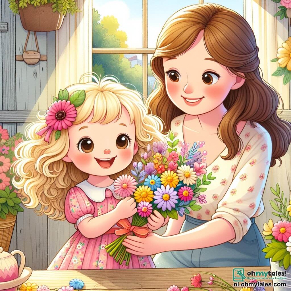 Een 3-jarig meisje, Lotte, met grote glanzende ogen en krullend blond haar, glimlacht vrolijk terwijl ze een boeket kleurrijke bloemen in haar kleine handen vasthoudt. Ze draagt een roze bloemenjurk en staat voor een rustieke houten tafel, vol licht en warmte. Naast haar knielt haar moeder, een vrouw van ongeveer 30 jaar met kastanjebruin haar en een warme glimlach, om het boeket te bewonderen. Ze draagt een lichte blouse en een spijkerbroek, en haar ogen stralen van verrassing en geluk bij het zien van het cadeau van haar dochter. De setting is in een charmant landhuis met pastelgele muren en open ramen die zonlicht binnenlaten. Potplanten versieren de ruimte en er hangt een zachte lentelucht in de lucht. De belangrijkste situatie toont Lotte, vol enthousiasme, die haar bloemenboeket aan haar moeder aanbiedt voor Moederdag, wat een magisch moment van tederheid en gedeelde liefde creëert.